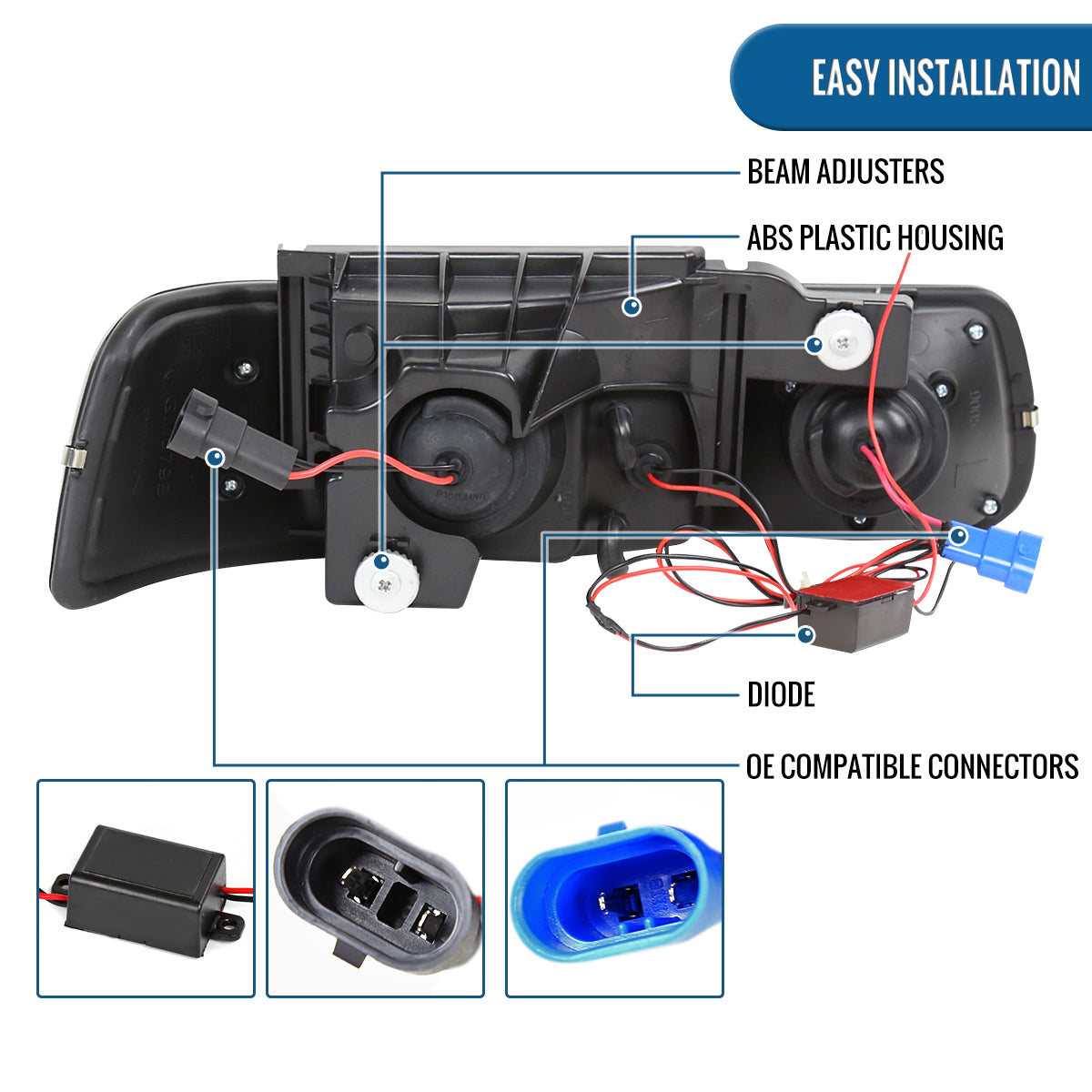 Ronnin - Fits 1999-2006 Silverado Suburban Tahoe Upgraded LED Dual Halo Rims Running Lights Projector Headlights Assembly Pair | Smoke