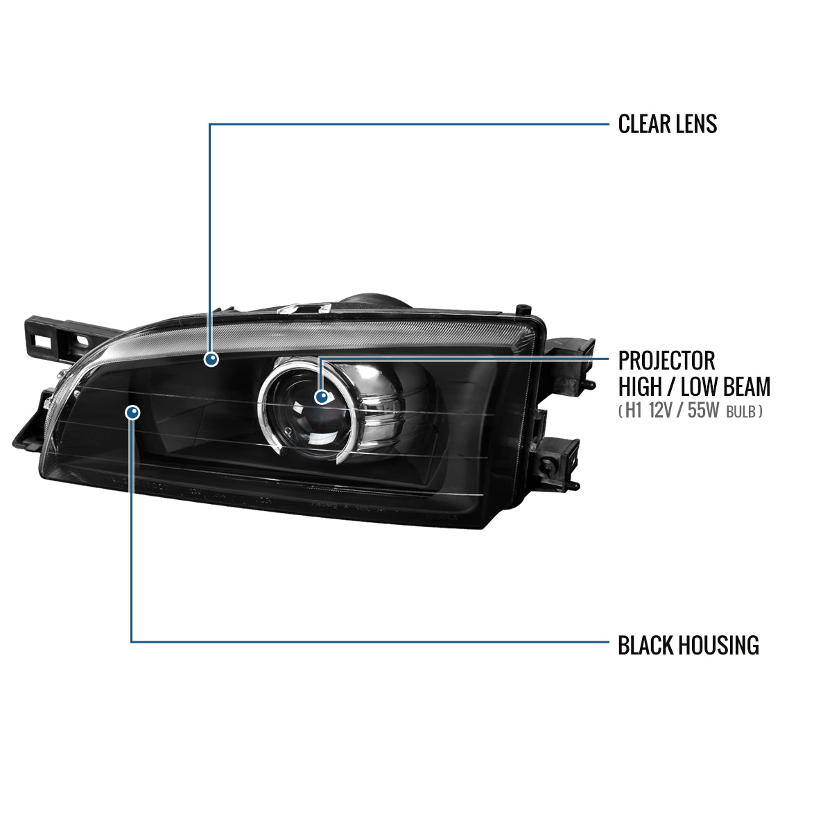 Ronnin - Fits 1995-2001 Subaru Impreza WRX Projector Headlights Factory Replacement Assembly Pair | Black