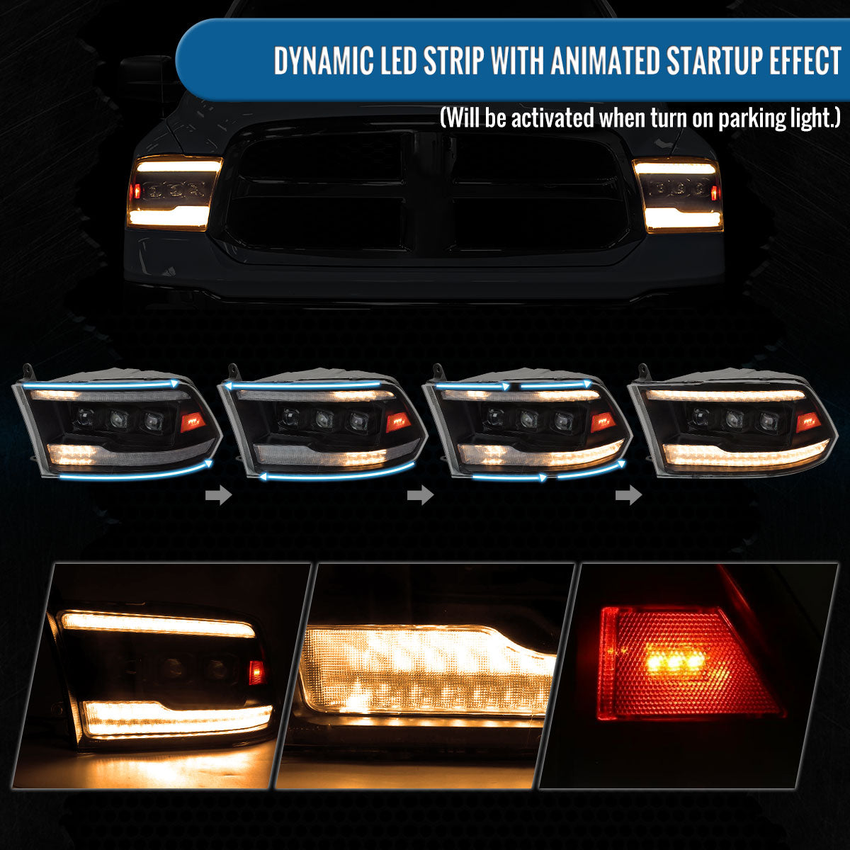 Ronnin - Fits 2009-2018 Ram 1500 2500 3500 Upgraded Amber Running Lights Full LED Triple Projector Headlights Switchback Sequential Signal + Animated Startup Effect Pair | Black