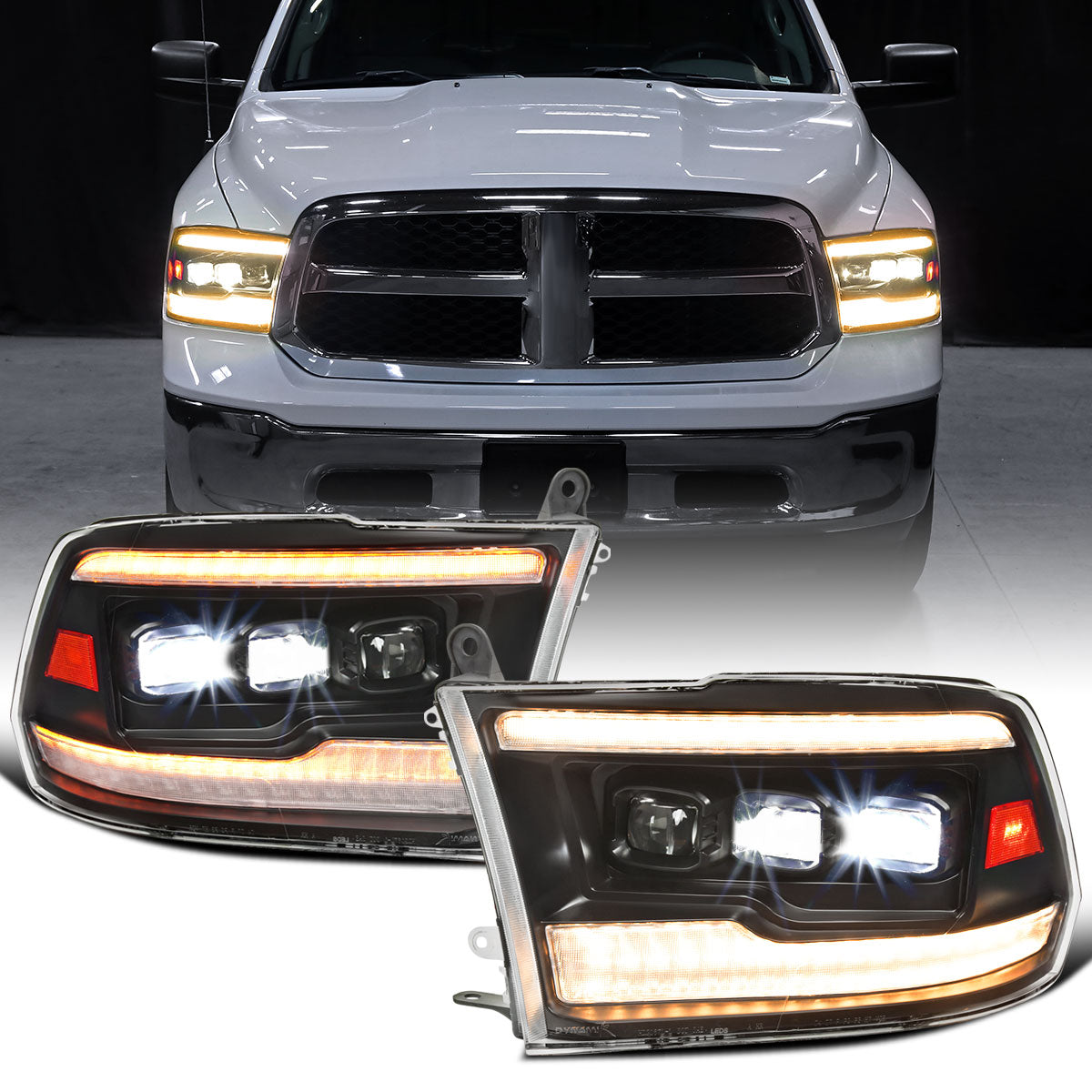 Ronnin - Fits 2009-2018 Ram 1500 2500 3500 Upgraded Amber Running Lights Full LED Triple Projector Headlights Switchback Sequential Signal + Animated Startup Effect Pair | Black