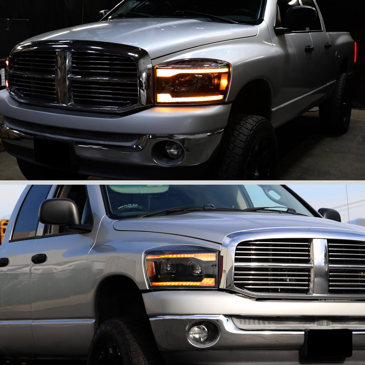 Ronnin - Fits 2006-2009 Dodge Ram 1500 2500 3500 LED Amber DRL Switchback Sequential Turn Signals + Animated Startup Dual Projector Headlights Assembly Pair | Black
