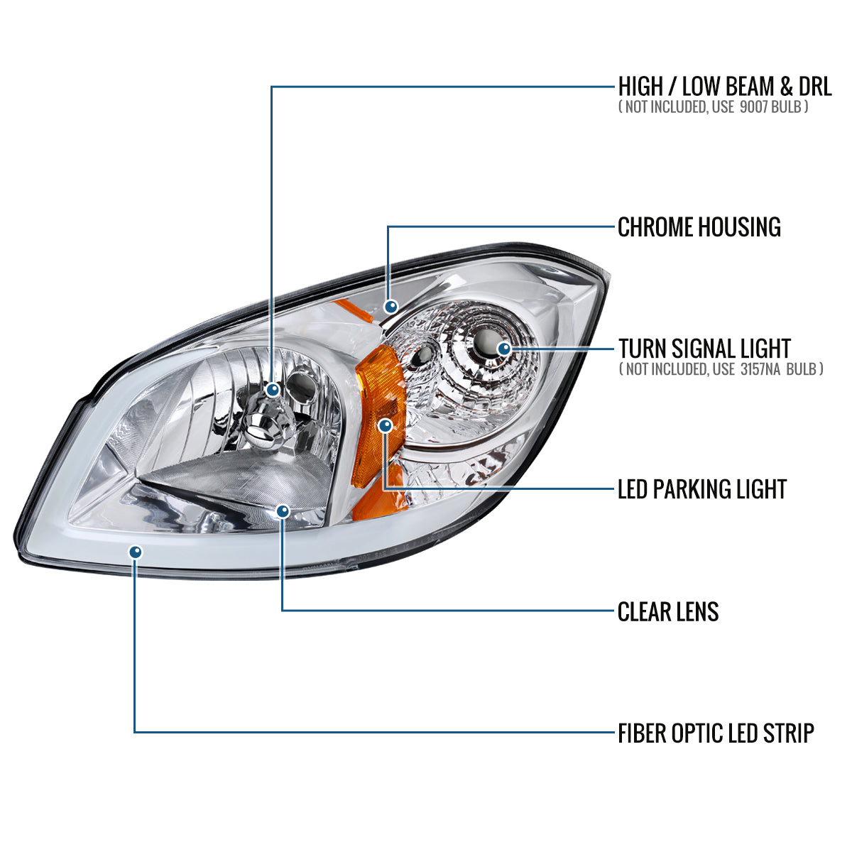 Ronnin - Fits 2005-2010 Chevy Cobalt Pontiac G5 Pursuit Upgraded Factory Replacement LED Tube Running Lights Headlights Assembly Pair | Chrome