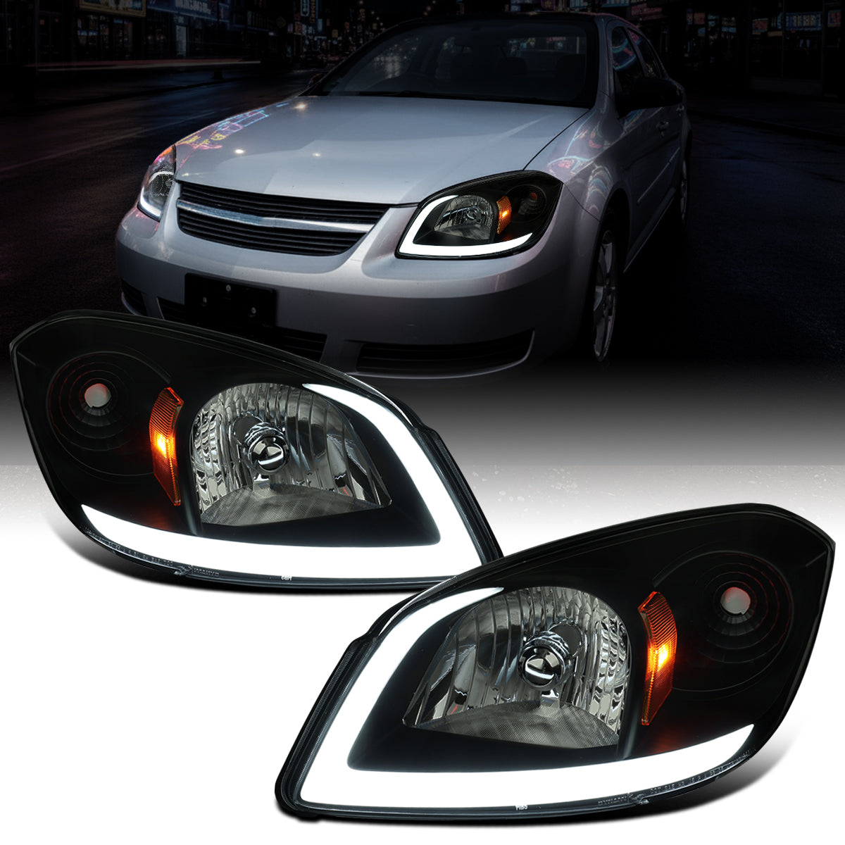 Ronnin - Fits 2005-2010 Chevy Cobalt Pontiac G5 Pursuit Upgraded Factory Replacement LED Tube Running Lights Headlights Assembly Pair | Black Smoke