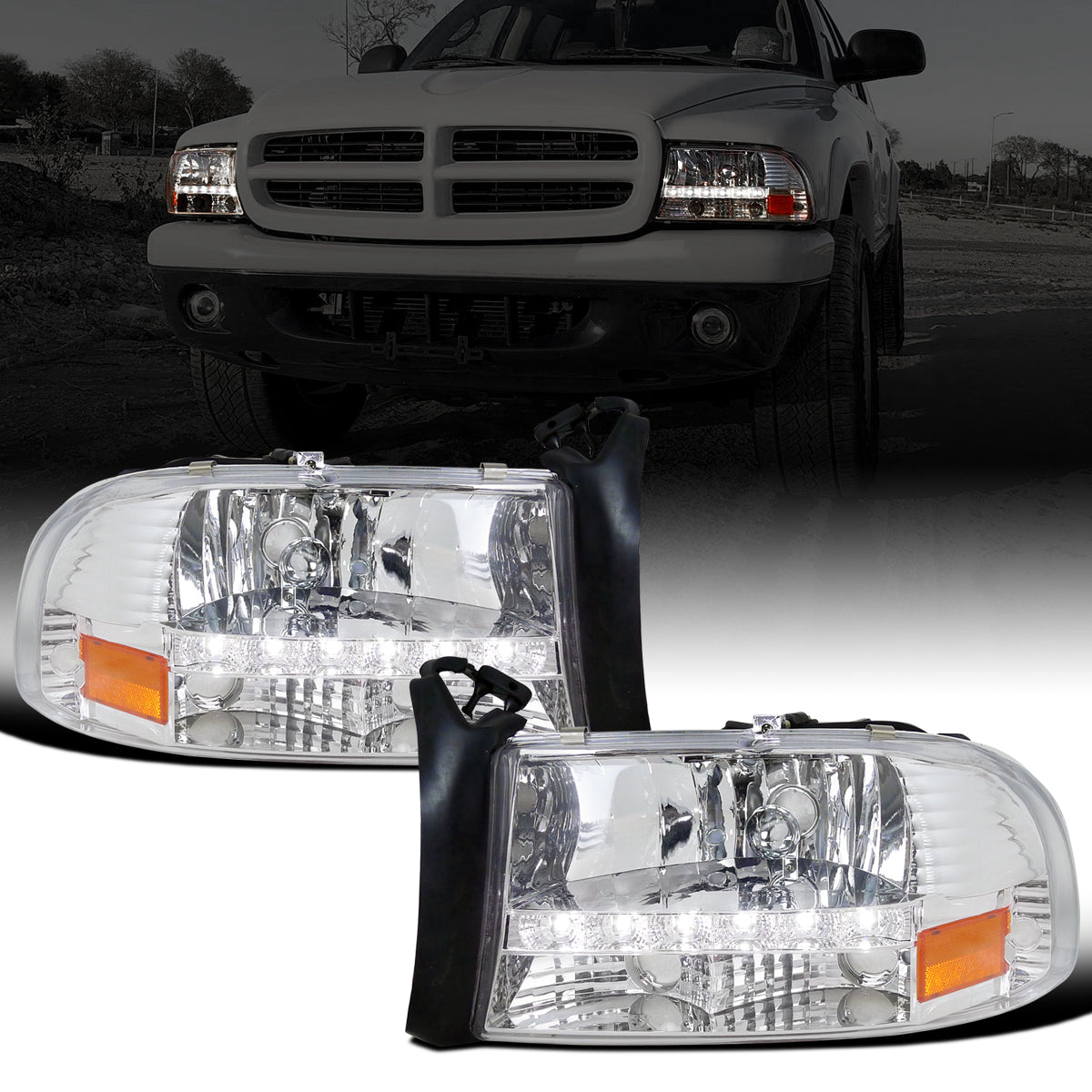 Ronnin - Fits 1997-2004 Dodge Dakota 1998-2003 Durango Upgraded Replacement LED Running Lights Headlights Assembly Pair | Chrome