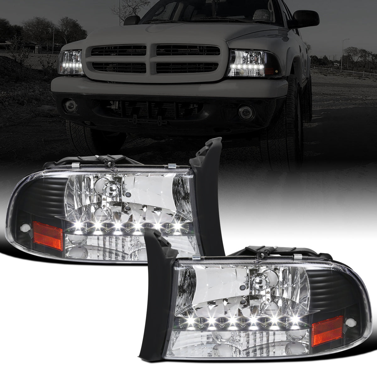 Ronnin - Fits 1997-2004 Dodge Dakota 1998-2003 Durango Upgraded Replacement LED Running Lights Headlights Assembly Pair | Black