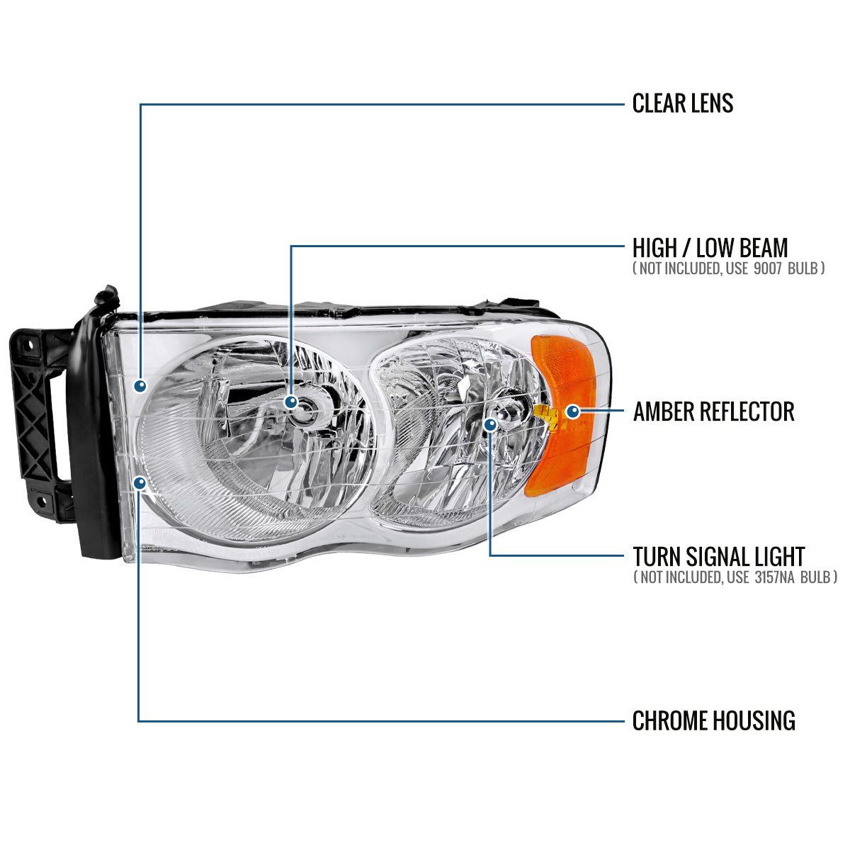 Ronnin - Fits 2002-2005 Dodge Ram 1500 2500 3500 Factory Style Replacement Headlights Assembly Pair | Chrome
