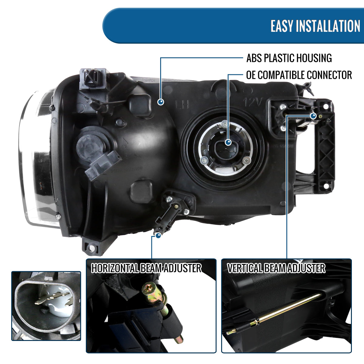 Ronnin - Fits 2002-2005 Dodge Ram 1500 2500 3500 Factory Style Replacement Headlights Assembly Pair | Black