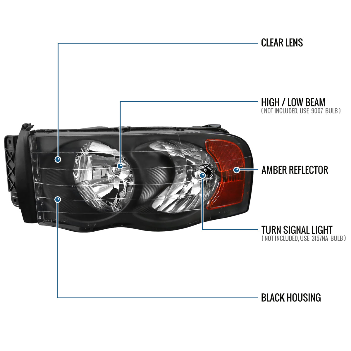Ronnin - Fits 2002-2005 Dodge Ram 1500 2500 3500 Factory Style Replacement Headlights Assembly Pair | Black