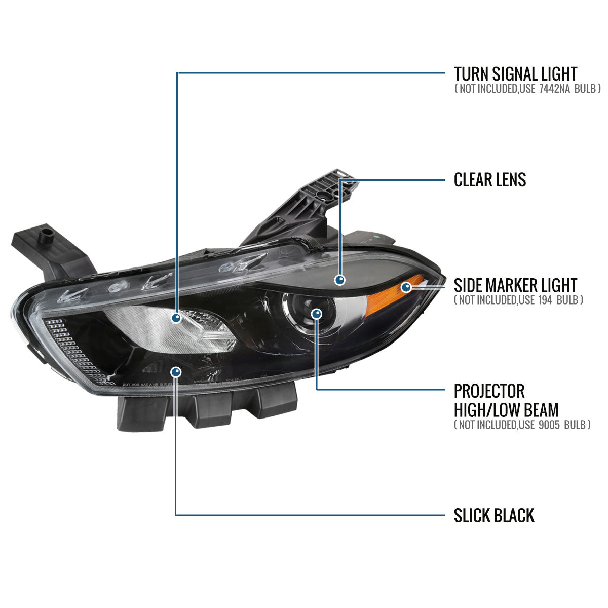 Ronnin - Fits 2013-2016 Dodge Dart Halogen Factory Replacement Projector Headlights Assembly Pair | Black | Driver Side