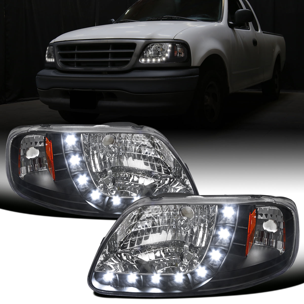 Ronnin - Fits 1997-2003 Ford F150 Expedition 2004 F150 Heritage All-in-One Factory Replacement LED Running Lights Headlights Assembly Pair | Black