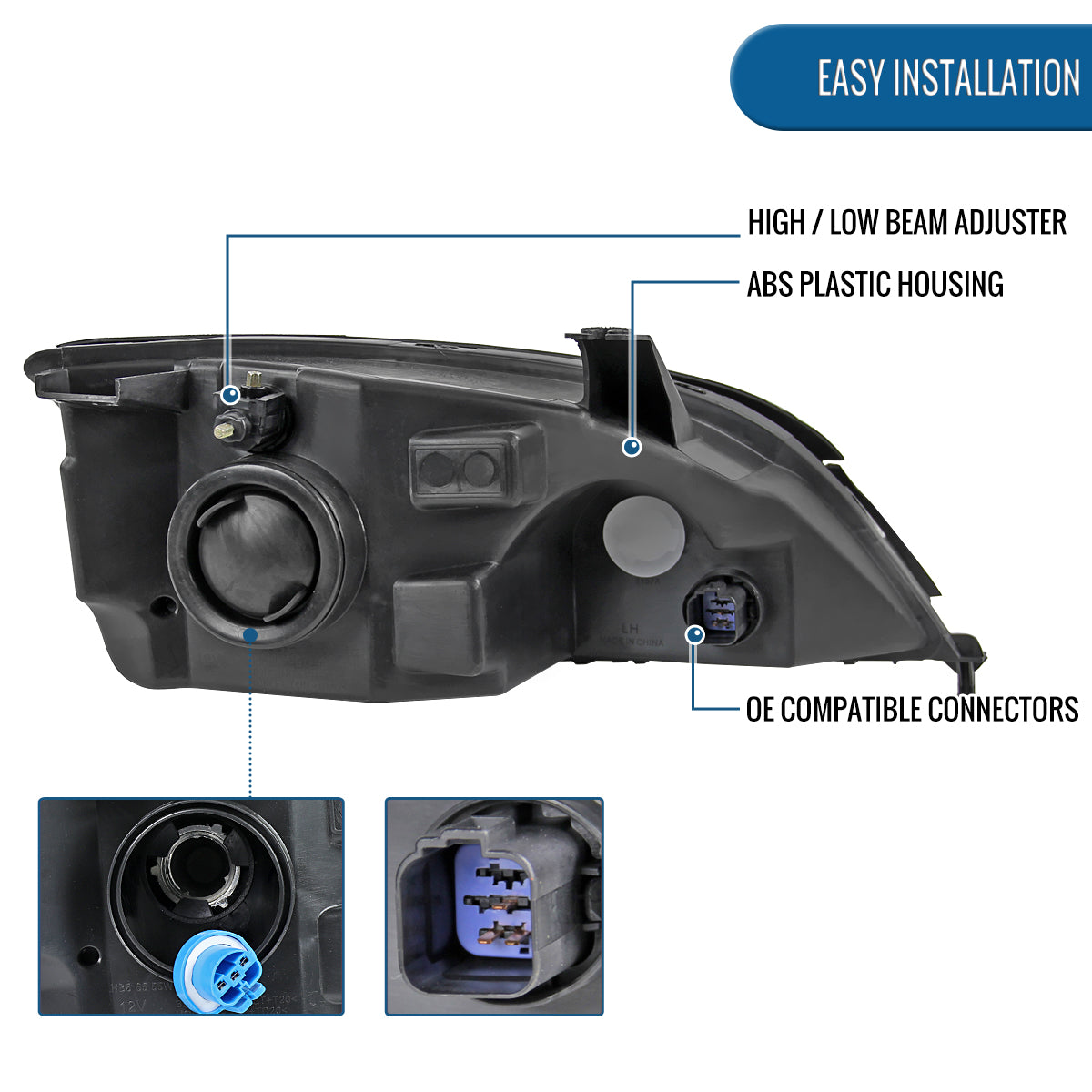 Ronnin - Fits 2005-2007 Ford Focus Headlights Factory Replacement Assembly Pair | Black