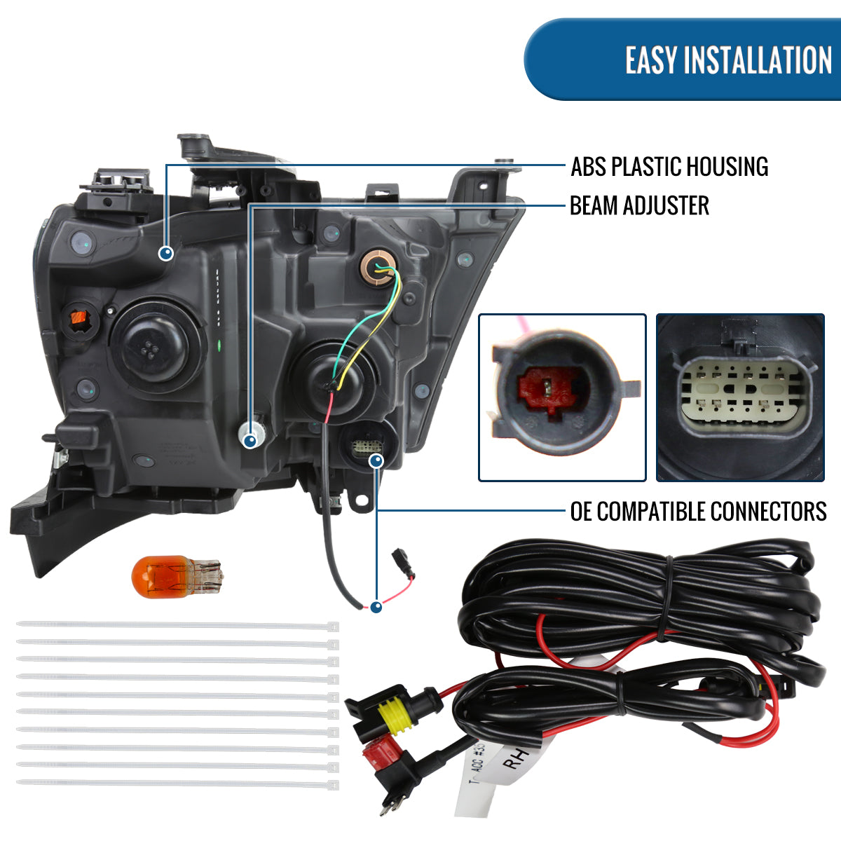 Ronnin - Fits 2019-2024 Ram 1500 Upgraded Factory Replacement Halogen Headlights LED Animated Startup Effect Assembly Pair | Black