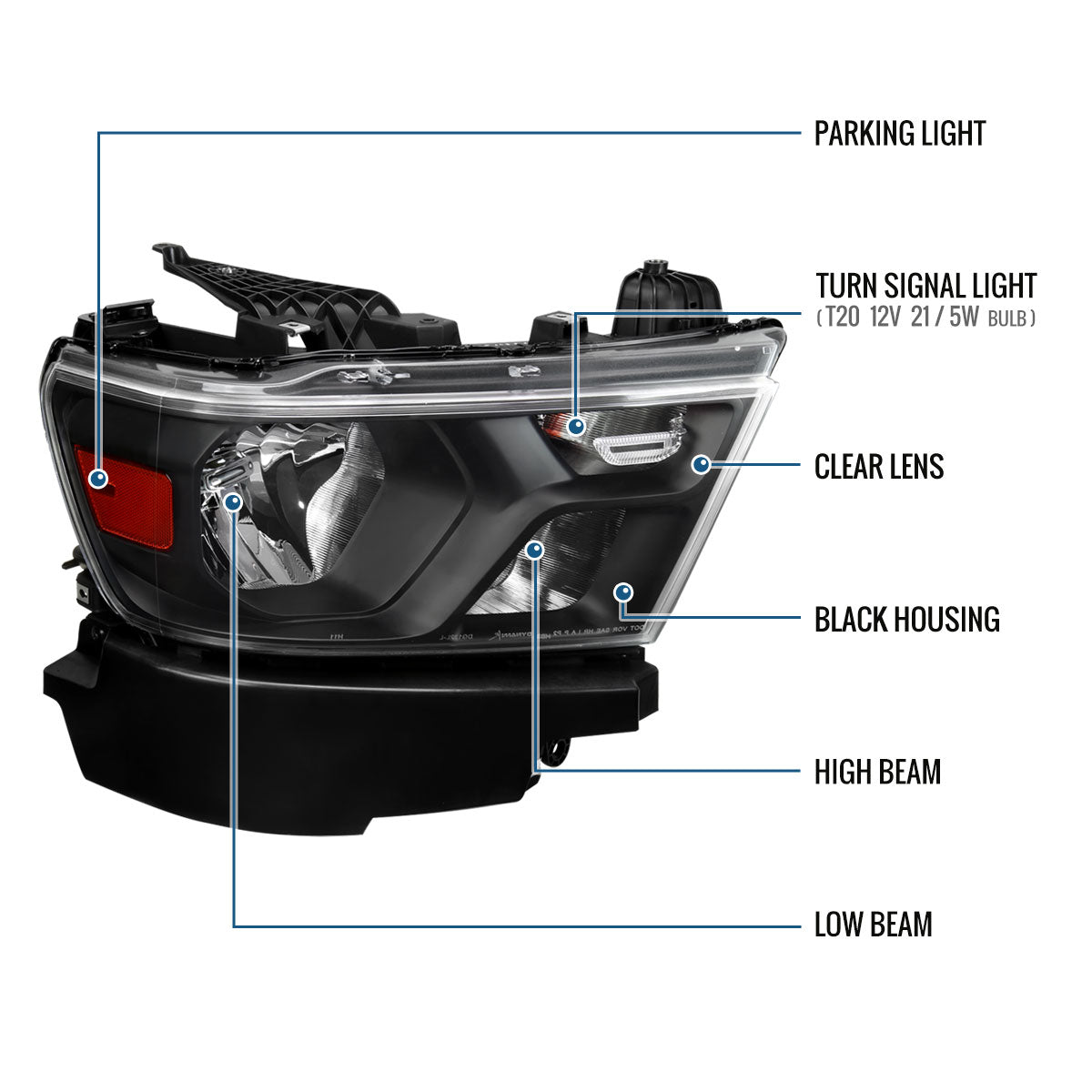 Ronnin - Fits 2019-2024 Ram 1500 Factory Replacement Halogen Headlights Assembly | Passenger Side | Black