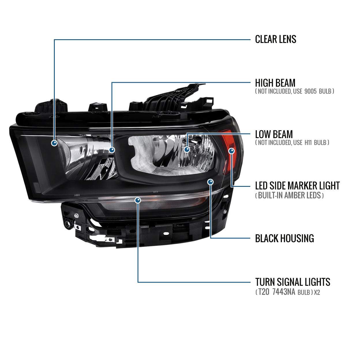 Ronnin - Fits 2019-2024 Ram 2500 3500 4500 5500 Factory Replacement Halogen Headlight Assembly Piece | Left Driver Side | Black