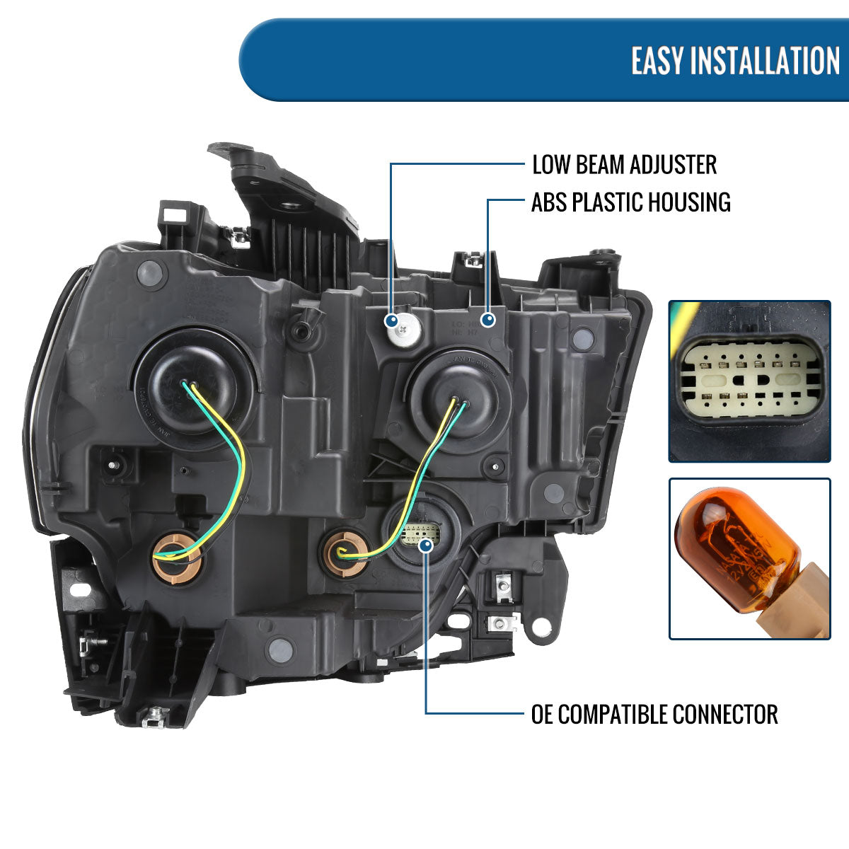 Ronnin - Fits 2019-2024 Ram 2500 3500 4500 5500 Factory Replacement Halogen Headlight Assembly Piece | Left Driver Side | Black
