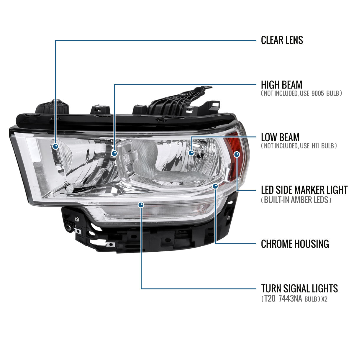 Ronnin - Fits 2019-2024 Ram 2500 3500 4500 5500 Factory Replacement Halogen Headlight Assembly Piece | Left Driver Side | Chrome