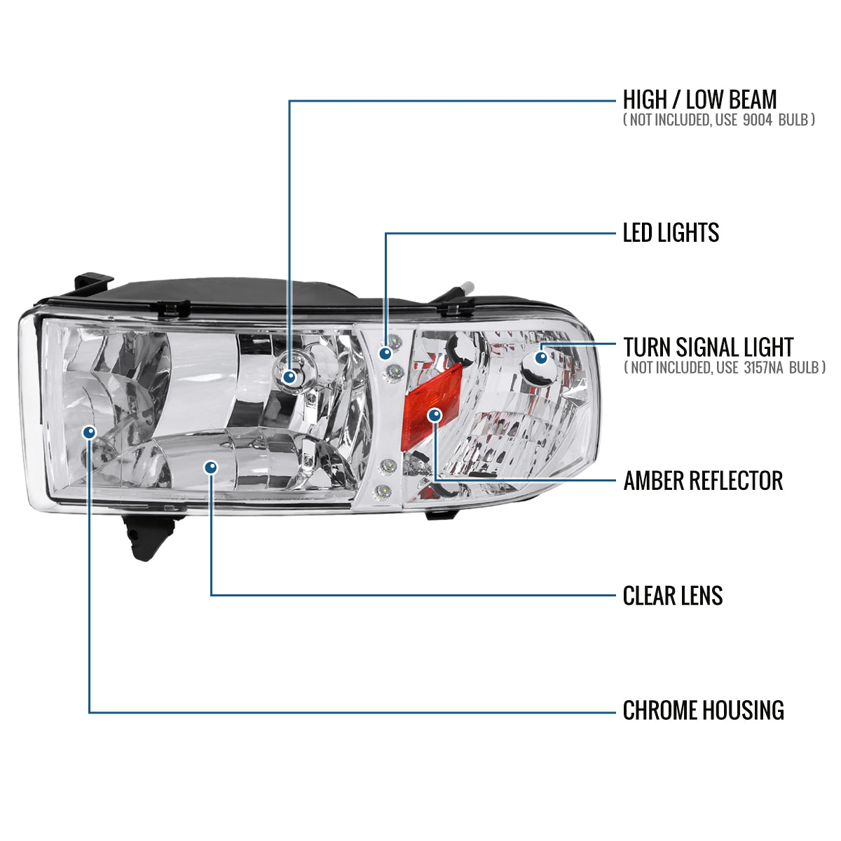 Ronnin - Fits 1994-2002 Dodge Ram 1500 2500 3500 Upgraded Replacement LED Lamps Headlights Assembly Pair | Chrome