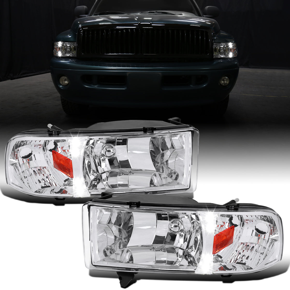 Ronnin - Fits 1994-2002 Dodge Ram 1500 2500 3500 Upgraded Replacement LED Lamps Headlights Assembly Pair | Chrome
