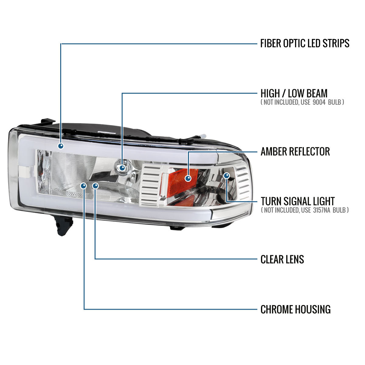 Ronnin - Fits 1994-2002 Dodge Ram 1500 2500 3500 Upgraded Replacement LED Tube Headlights Assembly Pair | Chrome