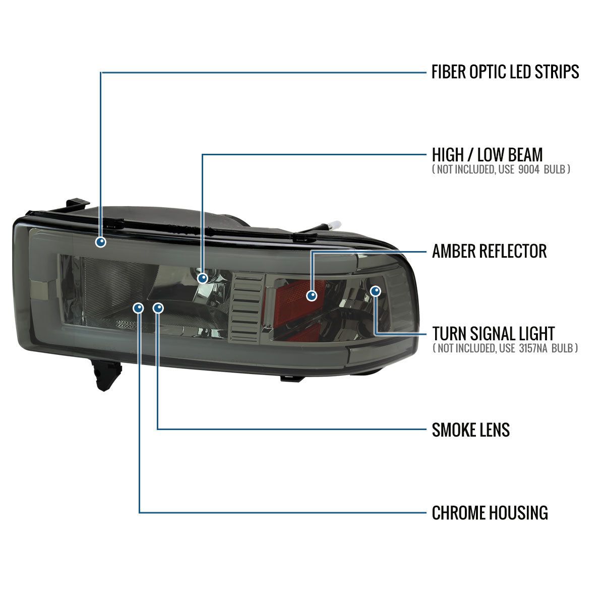 Ronnin - Fits 1994-2002 Dodge Ram 1500 2500 3500 Upgraded Replacement LED Tube Headlights Assembly Pair | Smoke