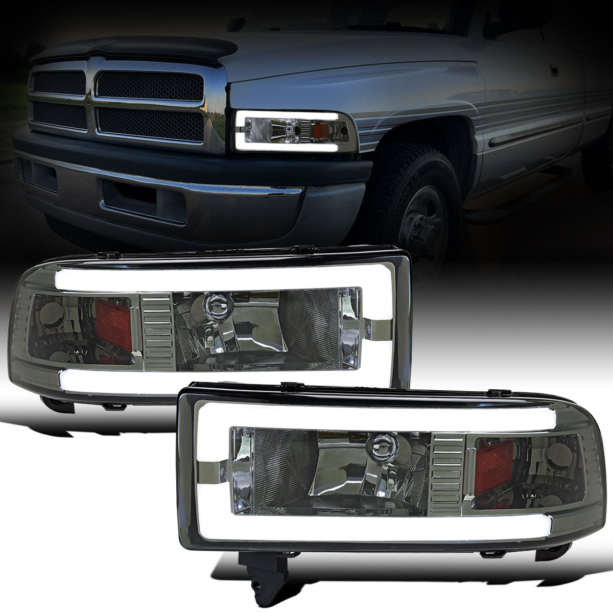 Ronnin - Fits 1994-2002 Dodge Ram 1500 2500 3500 Upgraded Replacement LED Tube Headlights Assembly Pair | Smoke