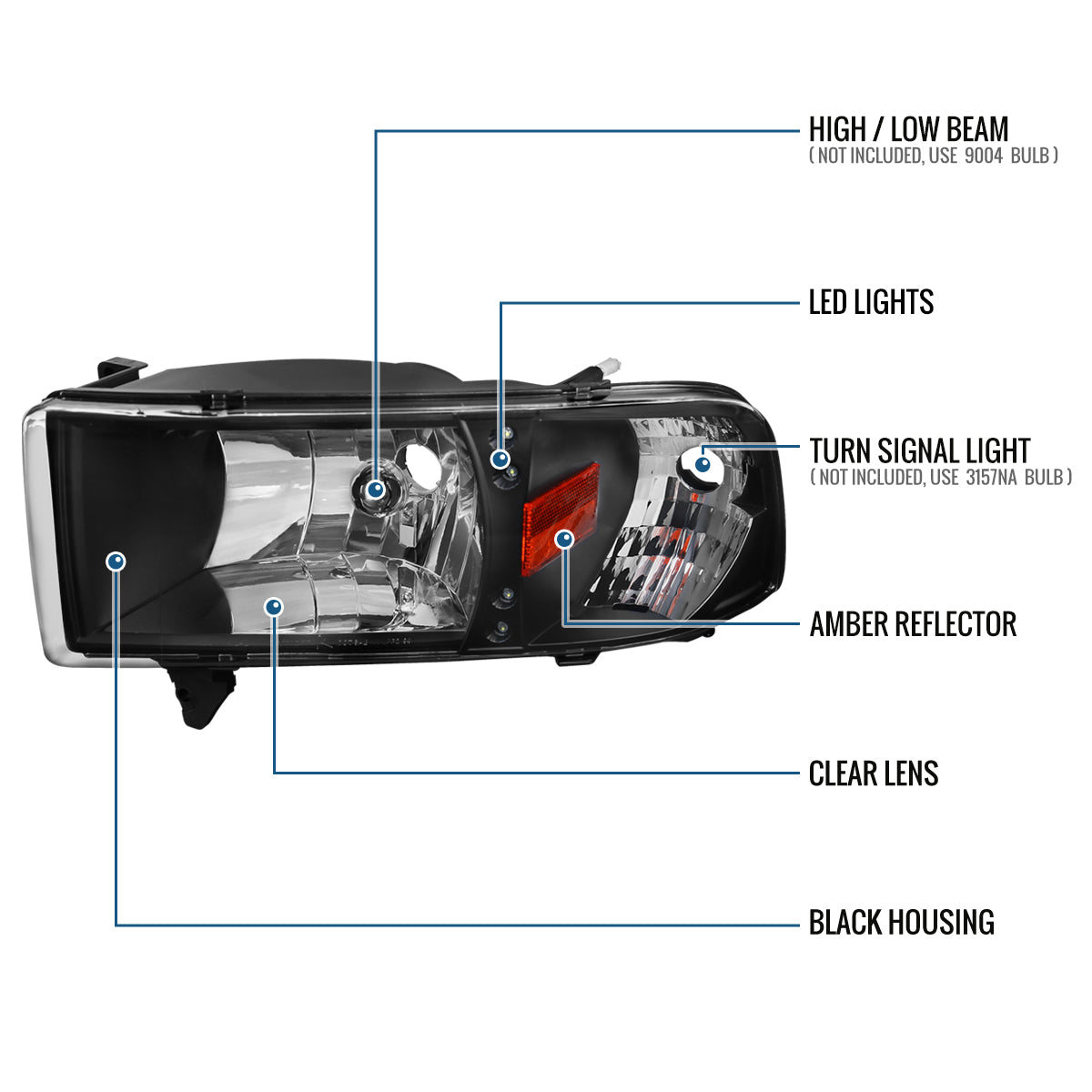 Ronnin - Fits 1994-2002 Dodge Ram 1500 2500 3500 Upgraded Replacement LED Lamps Headlights Assembly Pair | Black