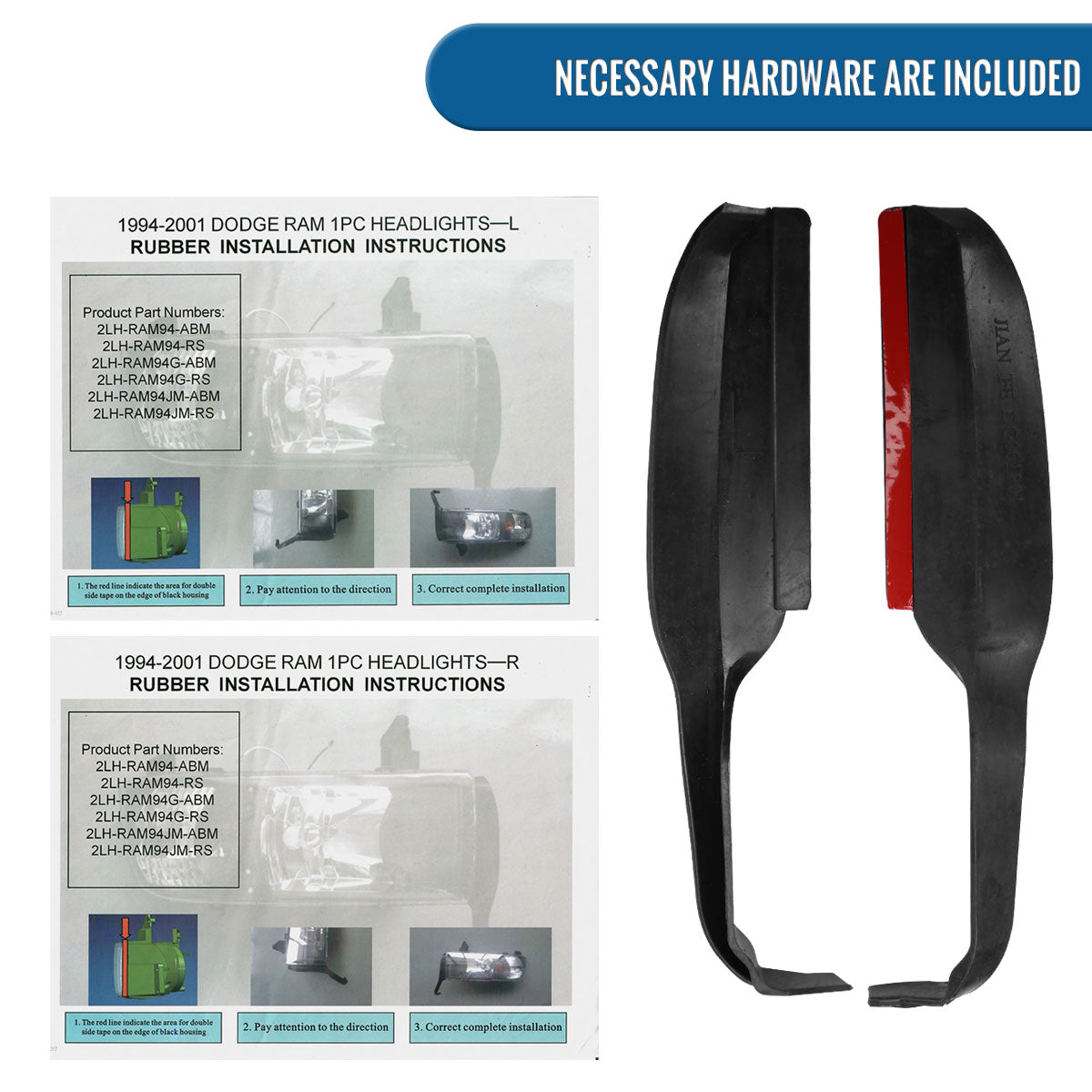 Ronnin - Fits 1994-2002 Dodge Ram 1500 2500 3500 Upgraded Replacement LED Tube Headlights Assembly Pair | Black