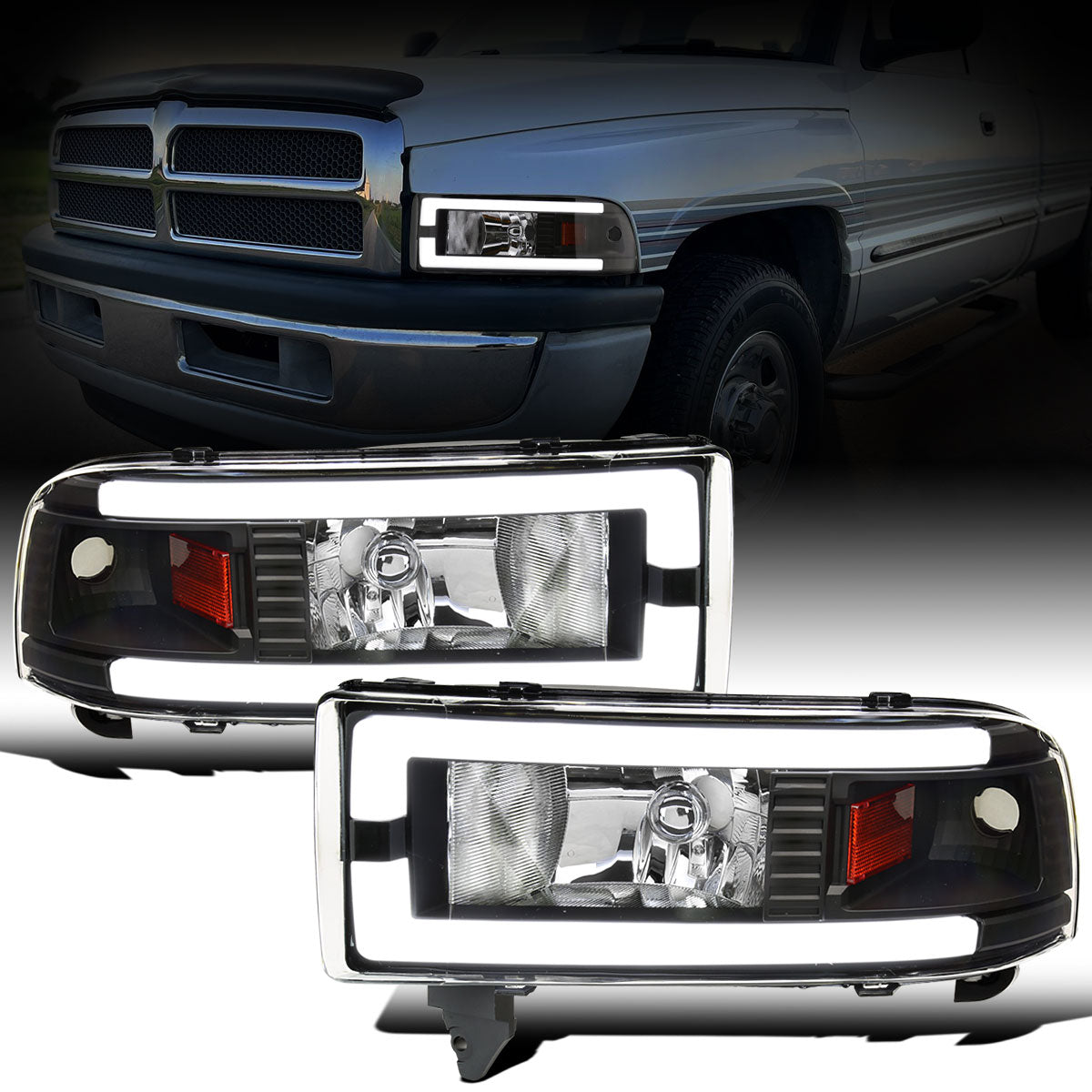 Ronnin - Fits 1994-2002 Dodge Ram 1500 2500 3500 Upgraded Replacement LED Tube Headlights Assembly Pair | Black