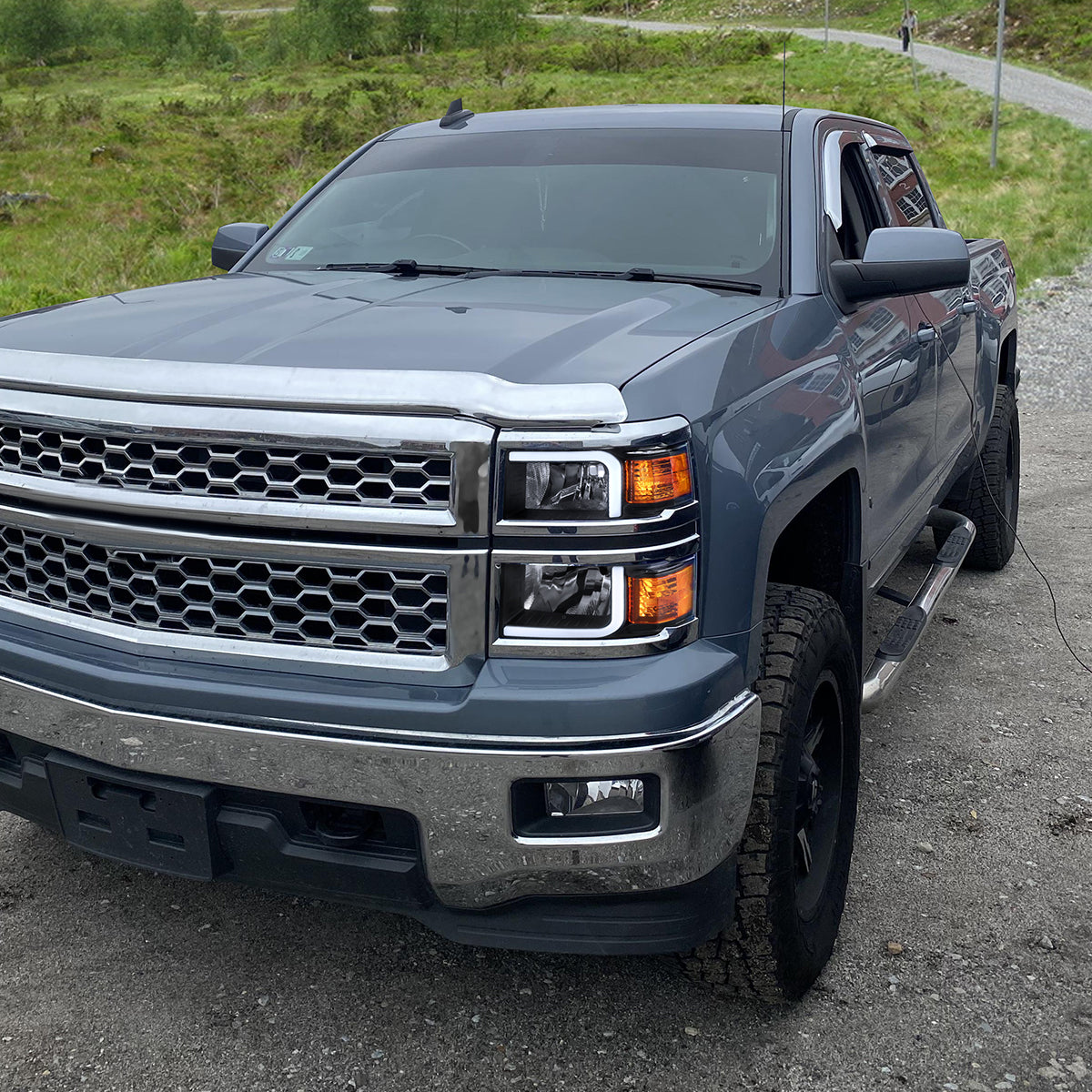 Ronnin - Fits 2014-2015 Chevy Silverado 1500 Upgraded LED Tube Headlights Assembly Pair | Black | Titanium Trim