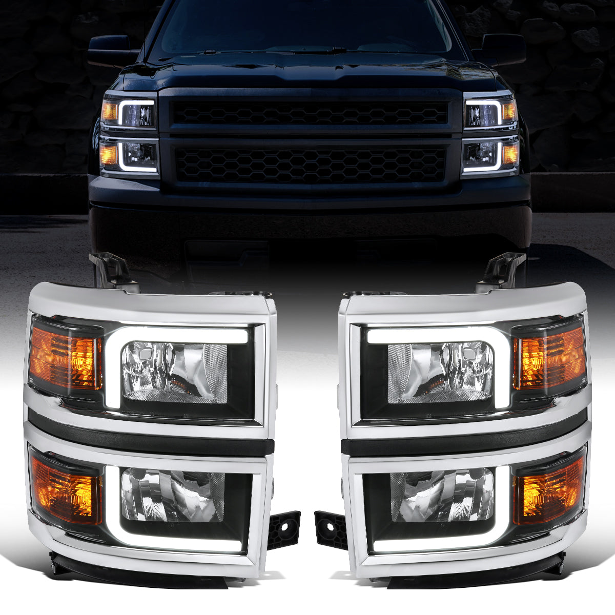 Ronnin - Fits 2014-2015 Chevy Silverado 1500 Upgraded LED Tube Headlights Assembly Pair | Black | Titanium Trim