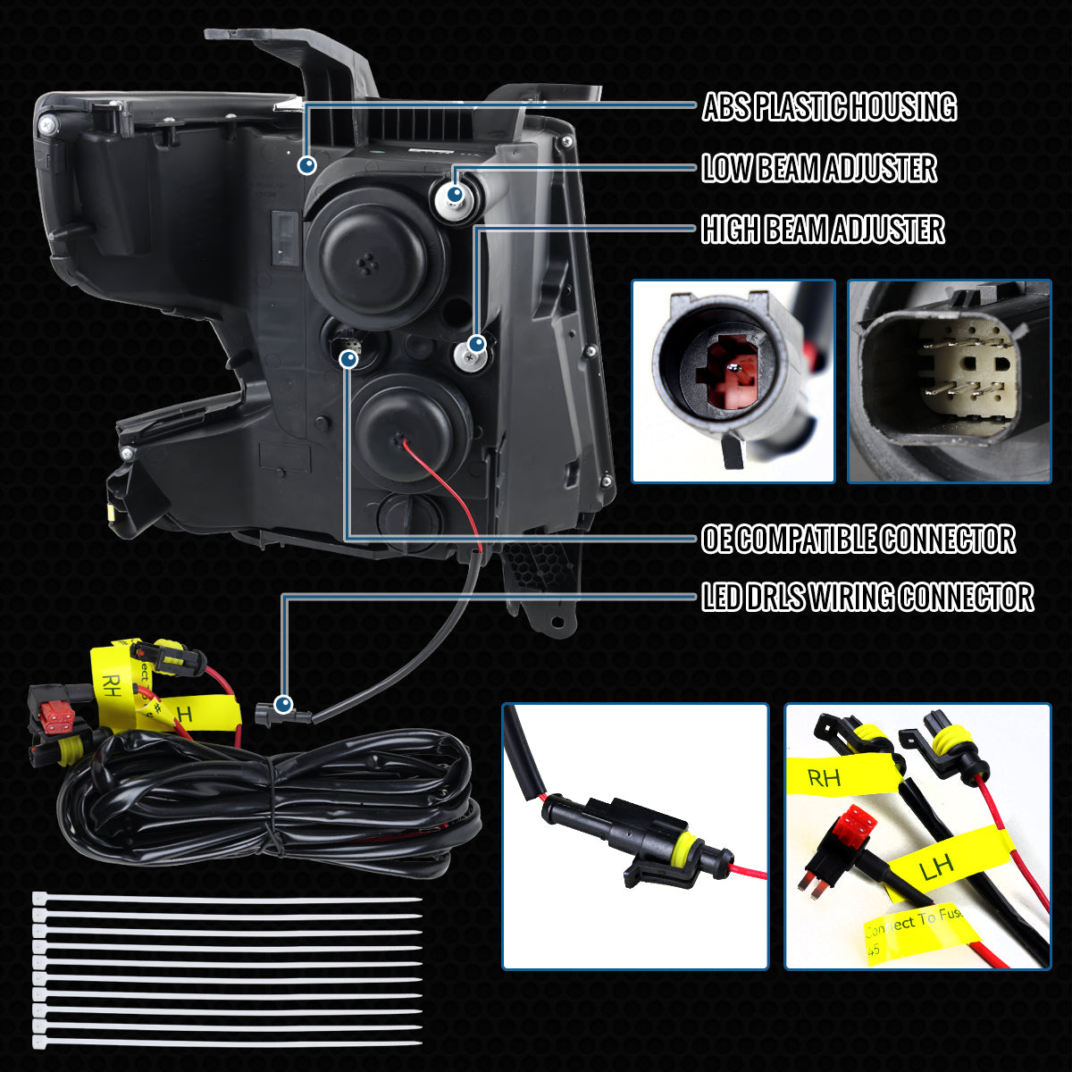 Ronnin - Fits 2015-2020 Chevy Tahoe Suburban Full LED DRL Headlights Switchback Sequential Turn Signal + Animated Startup Effect Assembly Pair | Black