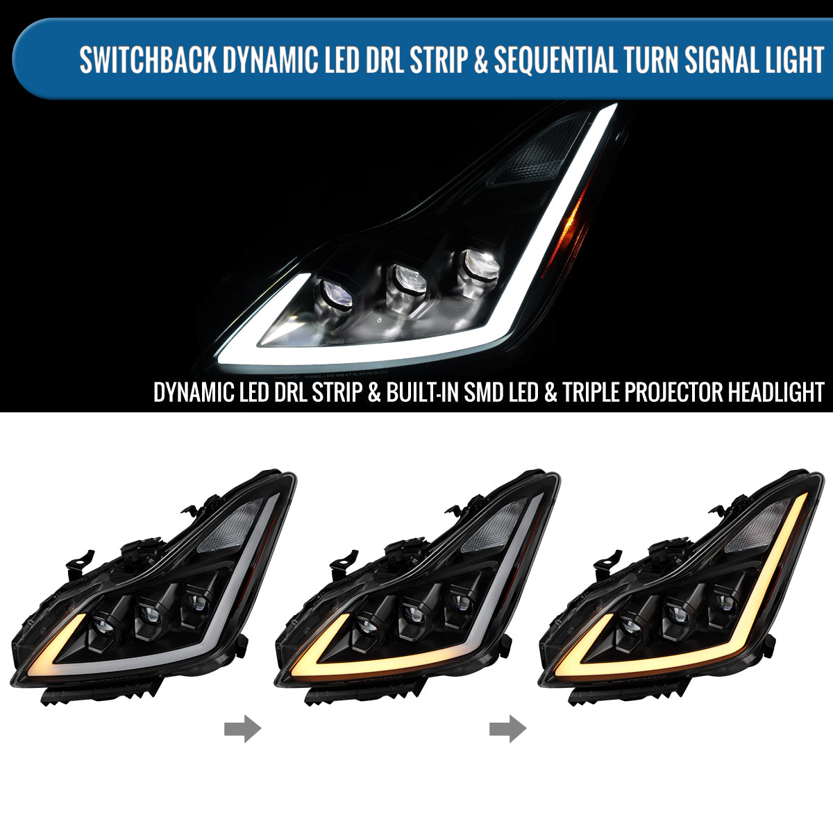 Ronnin - Fits 2008-2013 Infiniti G37 2014-2015 Q60 Coupe LED High Beam + Low Beam Projector Headlights Switchback Sequential Signals DRL + Animated Startup Effect Assembly Pair  | Black