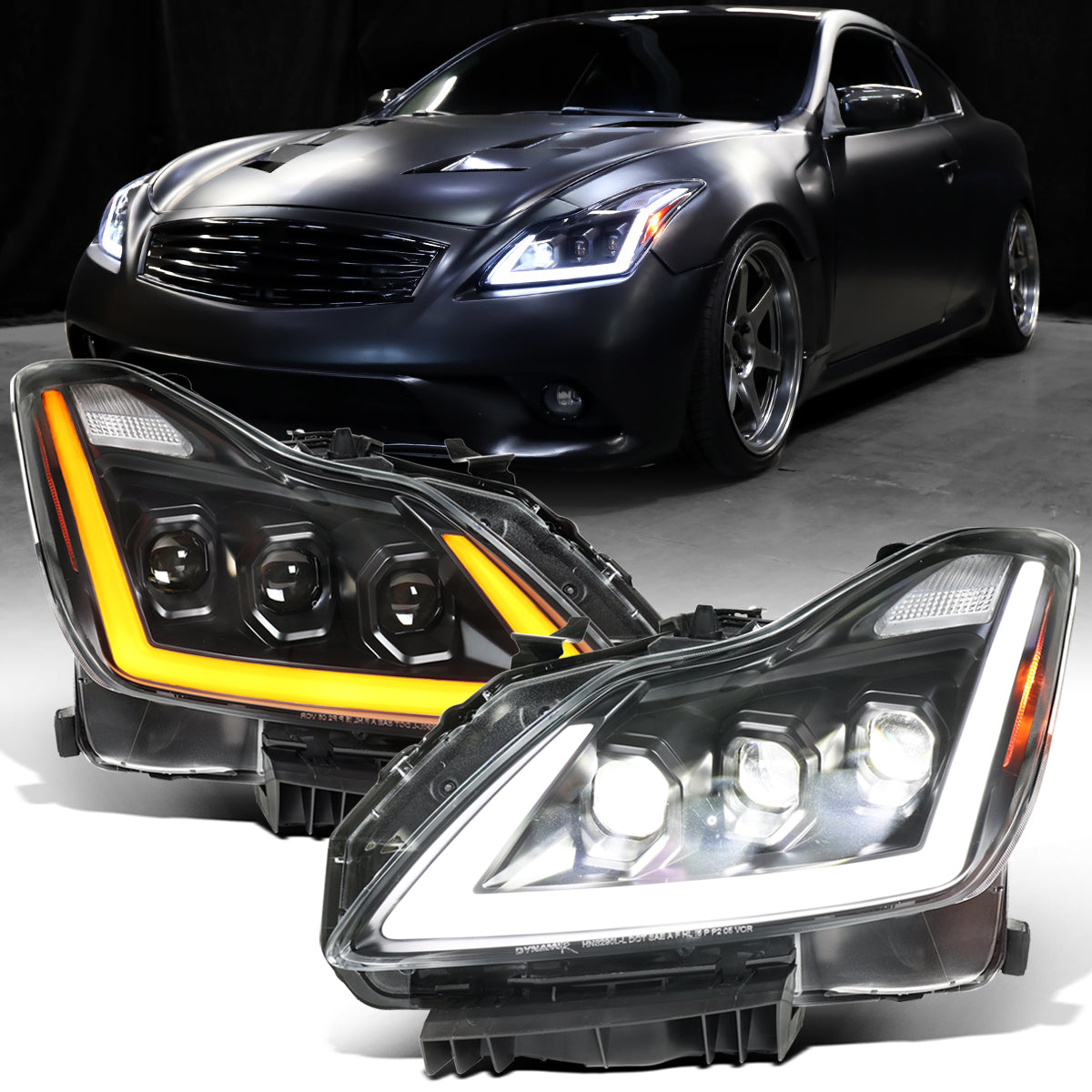 Ronnin - Fits 2008-2013 Infiniti G37 2014-2015 Q60 Coupe LED High Beam + Low Beam Projector Headlights Switchback Sequential Signals DRL + Animated Startup Effect Assembly Pair  | Black
