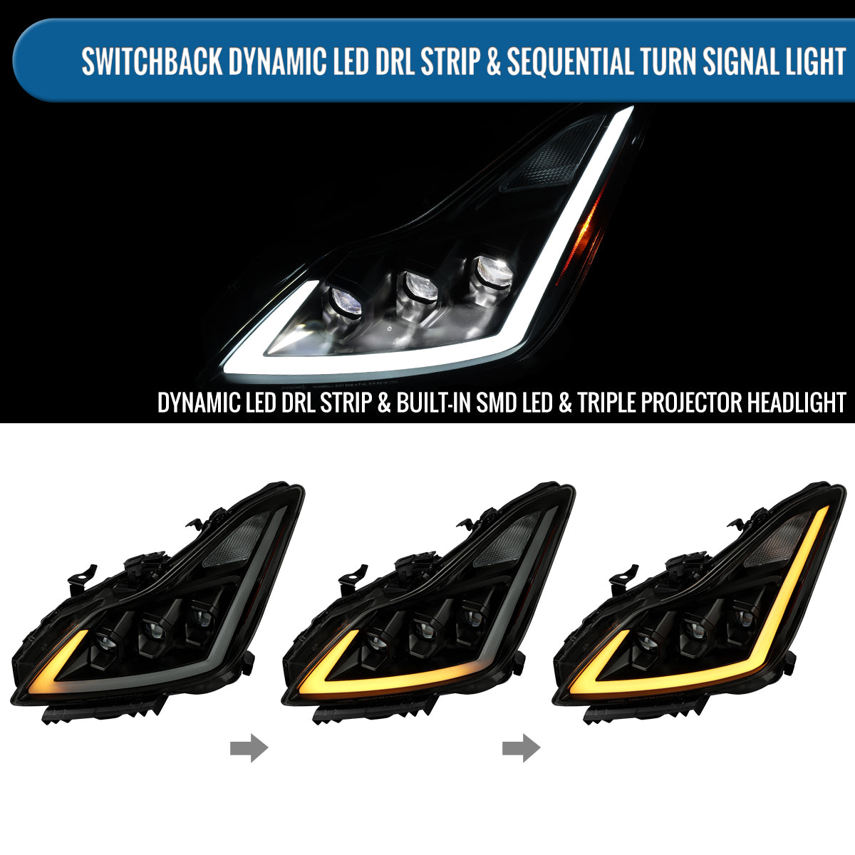 Ronnin - Fits 2008-2013 Infiniti G37 2014-2015 Q60 Coupe LED High Beam + Low Beam Projector Headlights Switchback Sequential Signals DRL + Animated Startup Effect Assembly Pair  | Black Smoke