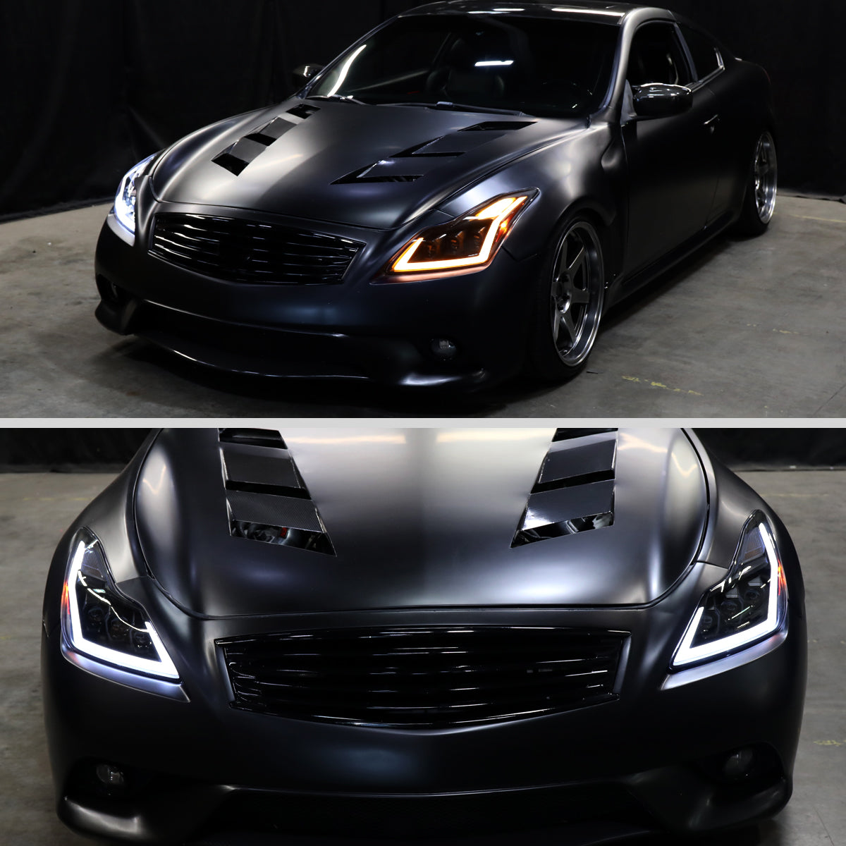 Ronnin - Fits 2008-2013 Infiniti G37 2014-2015 Q60 Coupe LED High Beam + Low Beam Projector Headlights Switchback Sequential Signals DRL + Animated Startup Effect Assembly Pair  | Black Smoke