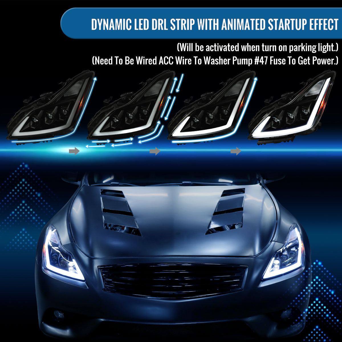 Ronnin - Fits 2008-2013 Infiniti G37 2014-2015 Q60 Coupe LED High Beam + Low Beam Projector Headlights Switchback Sequential Signals DRL + Animated Startup Effect Assembly Pair  | Black Smoke