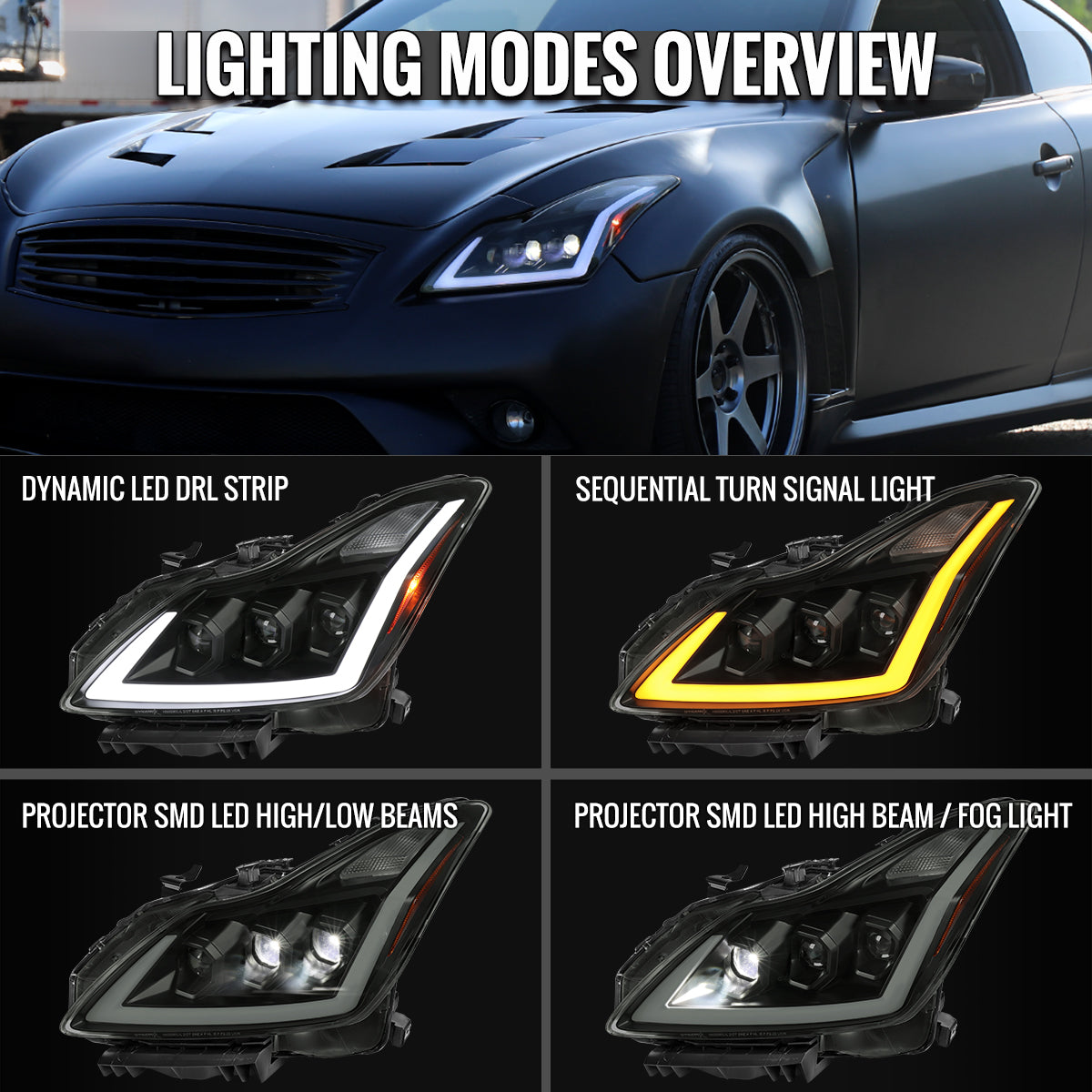 Ronnin - Fits 2008-2013 Infiniti G37 2014-2015 Q60 Coupe LED High Beam + Low Beam Projector Headlights Switchback Sequential Signals DRL + Animated Startup Effect Assembly Pair  | Black Smoke