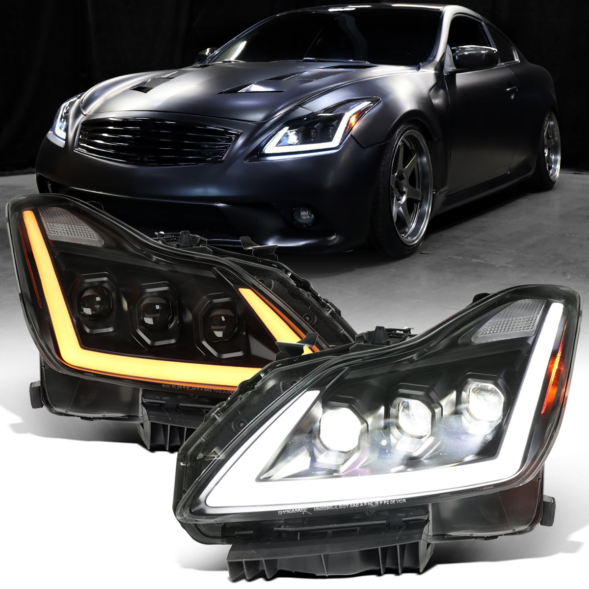 Ronnin - Fits 2008-2013 Infiniti G37 2014-2015 Q60 Coupe LED High Beam + Low Beam Projector Headlights Switchback Sequential Signals DRL + Animated Startup Effect Assembly Pair  | Black Smoke