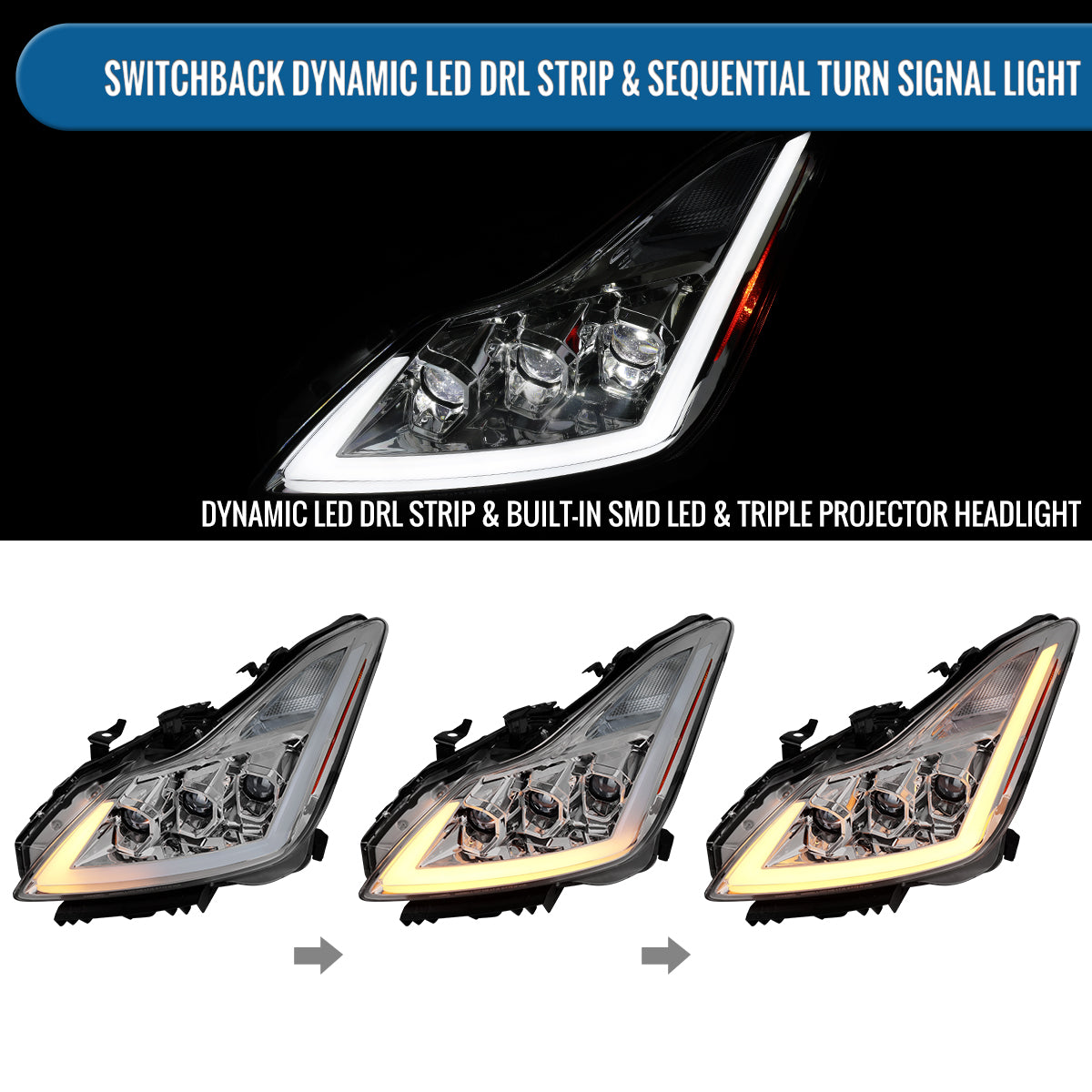 Ronnin - Fits 2008-2013 Infiniti G37 2014-2015 Q60 Coupe LED High Beam + Low Beam Projector Headlights Switchback Sequential Signals DRL + Animated Startup Effect Assembly Pair | Chrome