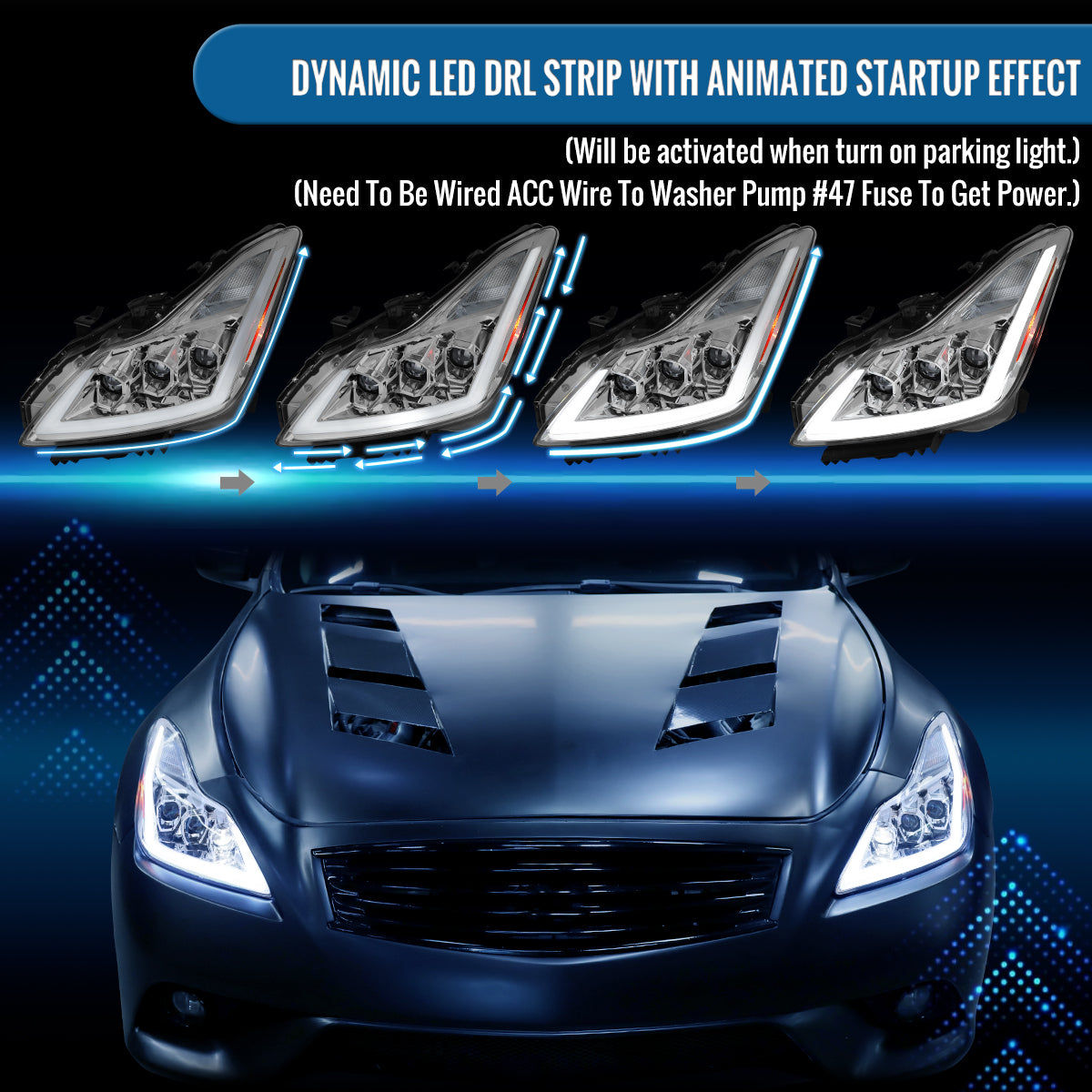 Ronnin - Fits 2008-2013 Infiniti G37 2014-2015 Q60 Coupe LED High Beam + Low Beam Projector Headlights Switchback Sequential Signals DRL + Animated Startup Effect Assembly Pair | Chrome