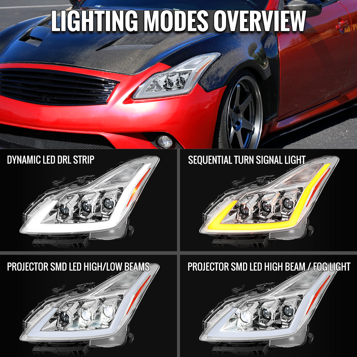 Ronnin - Fits 2008-2013 Infiniti G37 2014-2015 Q60 Coupe LED High Beam + Low Beam Projector Headlights Switchback Sequential Signals DRL + Animated Startup Effect Assembly Pair | Chrome