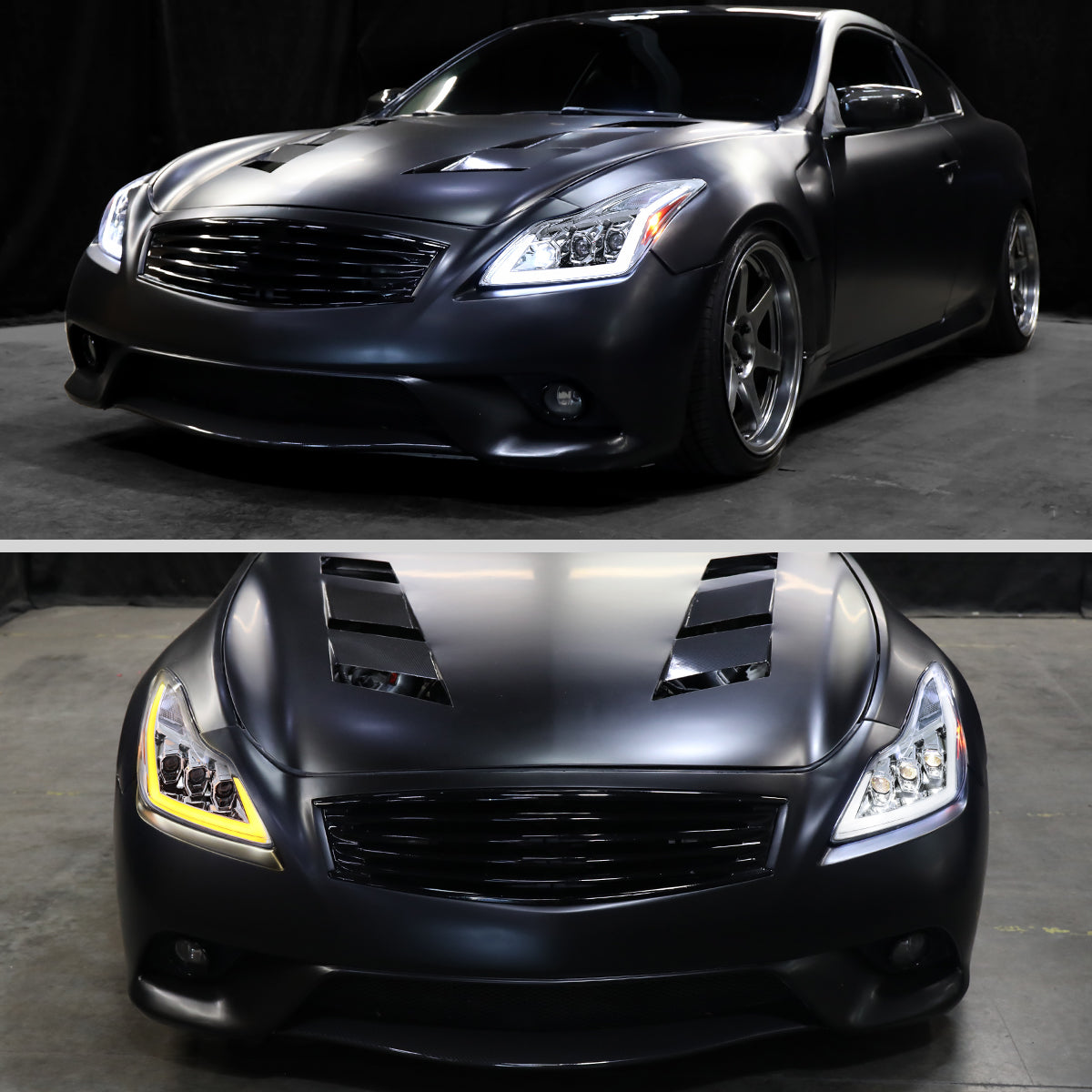 Ronnin - Fits 2008-2013 Infiniti G37 2014-2015 Q60 Coupe LED High Beam + Low Beam Projector Headlights Switchback Sequential Signals DRL + Animated Startup Effect Assembly Pair | Chrome
