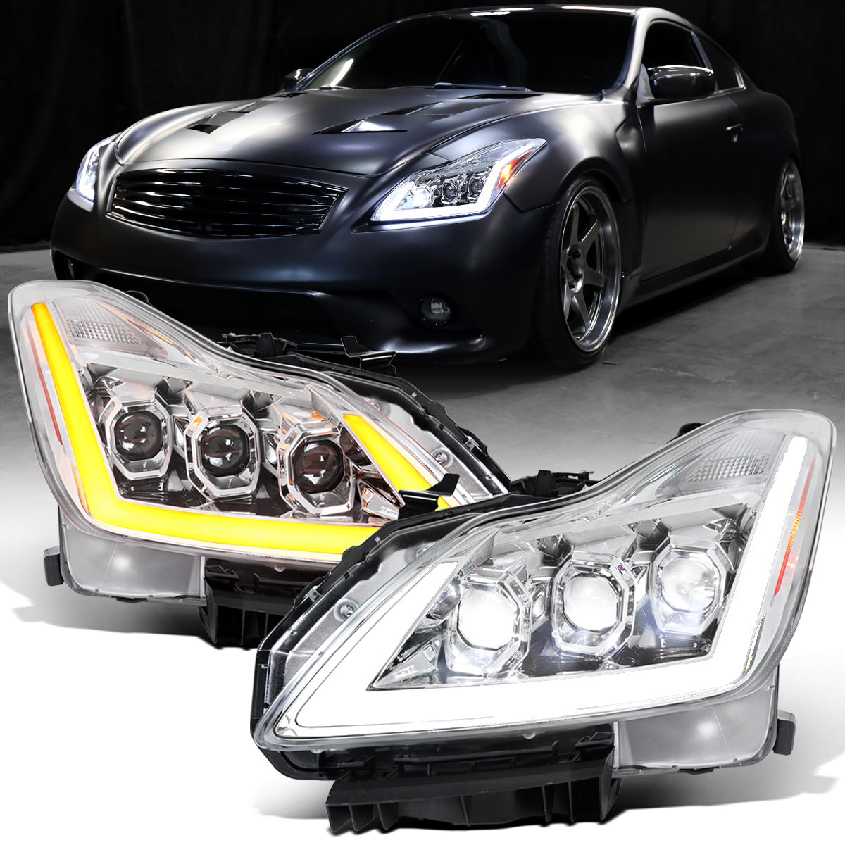 Ronnin - Fits 2008-2013 Infiniti G37 2014-2015 Q60 Coupe LED High Beam + Low Beam Projector Headlights Switchback Sequential Signals DRL + Animated Startup Effect Assembly Pair | Chrome
