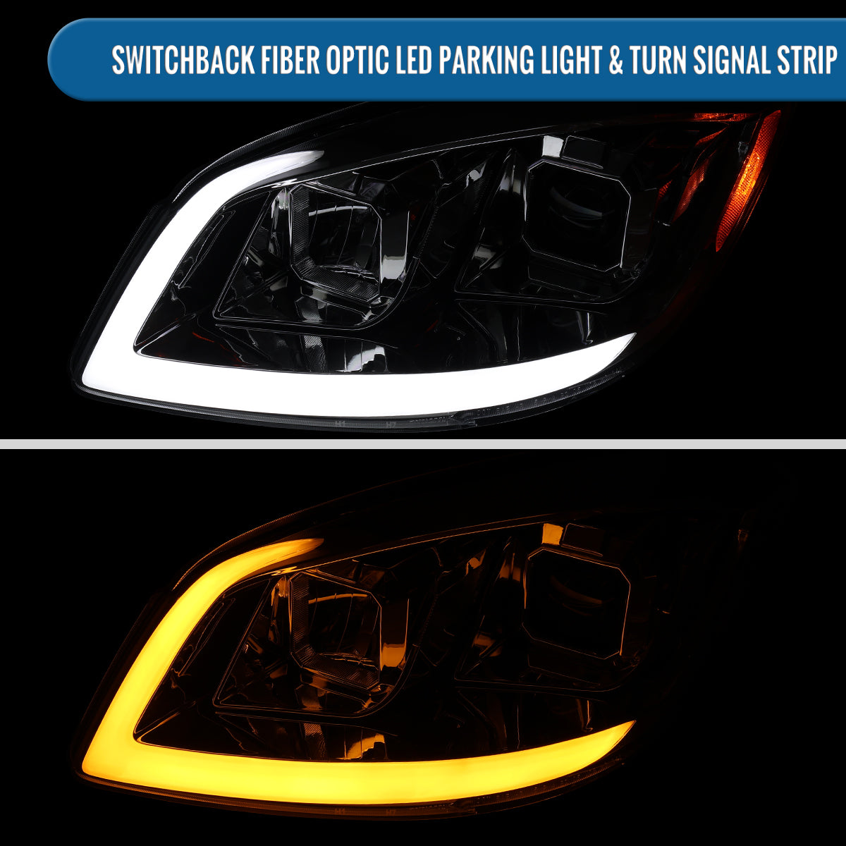Ronnin - Fits 2005-2010 Chevy Cobalt Pontiac G5 Pursuit Upgraded Replacement LED Turn Signals Switchback Parking Square Shrouds Projector Headlights Assembly Pair | Chrome