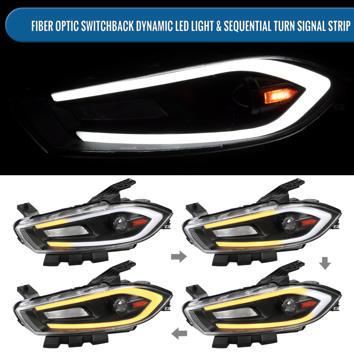 Ronnin - Fits 2013-2016 Dodge Dart Halogen Projector Headlights LED Switchback Sequential Turn Signals + Animated Startup Effect Parking Assembly Pair | Black