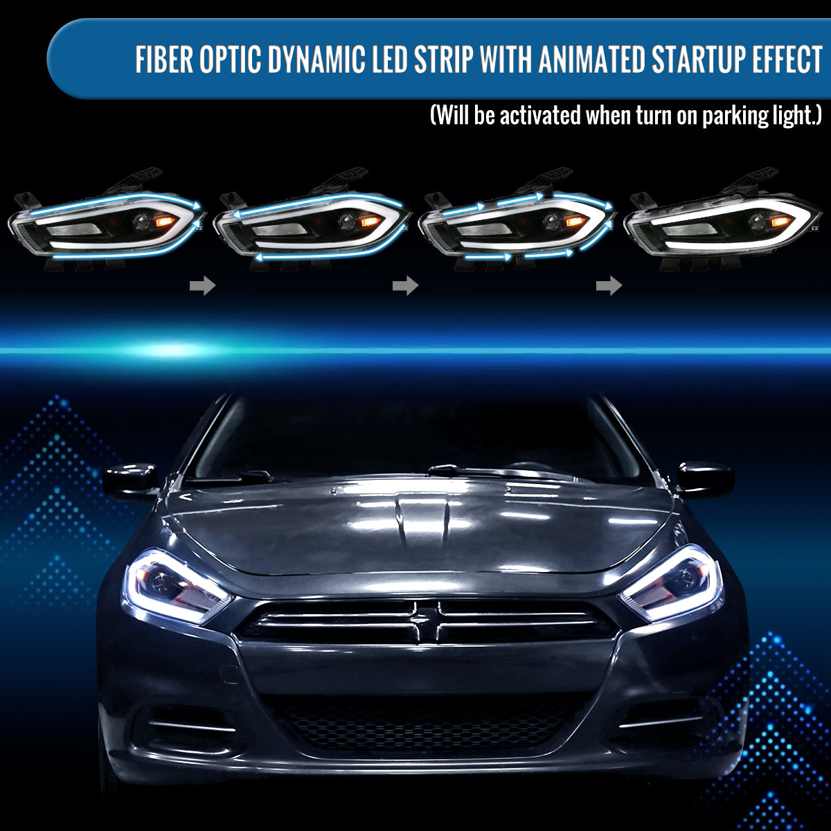 Ronnin - Fits 2013-2016 Dodge Dart Halogen Projector Headlights LED Switchback Sequential Turn Signals + Animated Startup Effect Parking Assembly Pair | Black