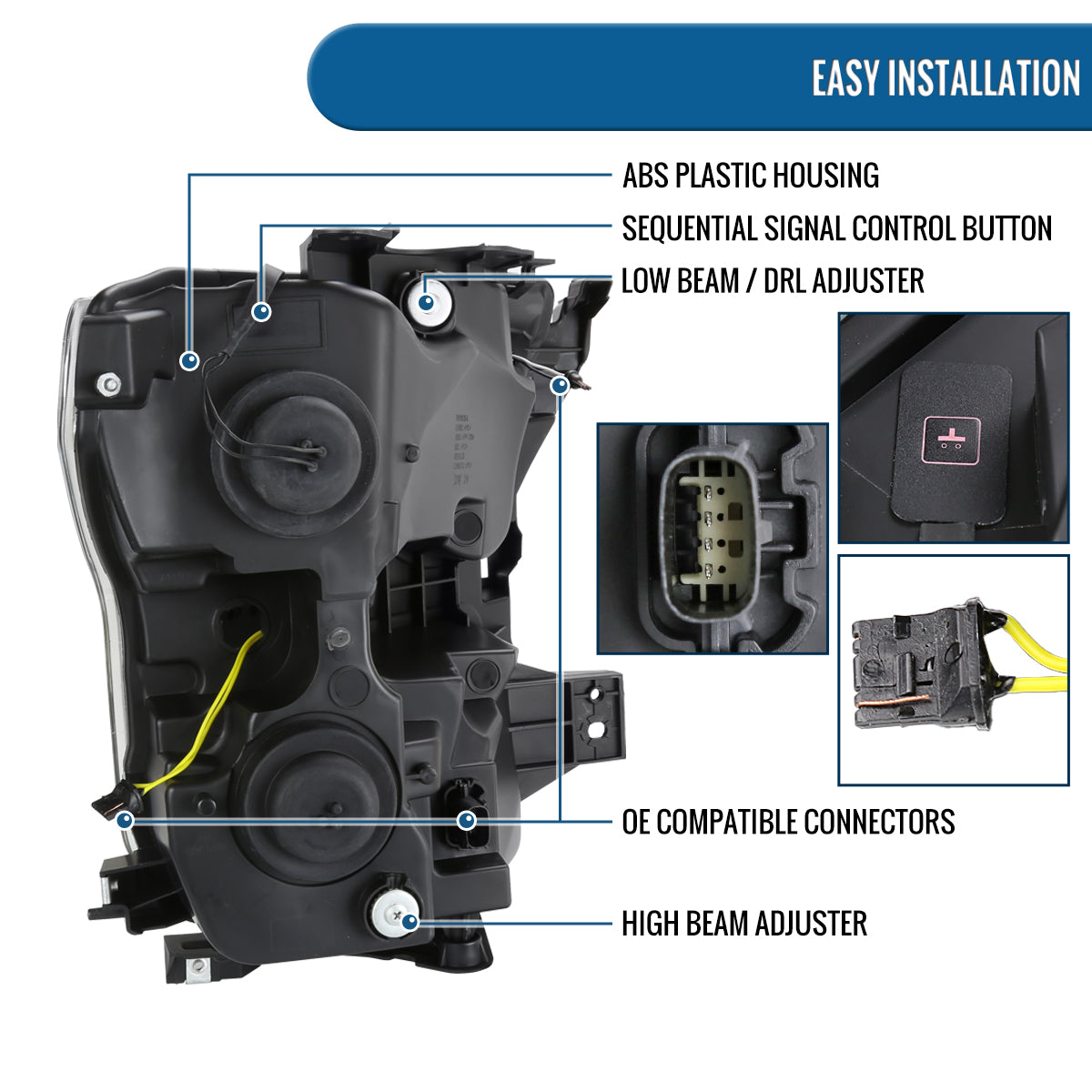 Ronnin - Fits 2015-2017 Ford F150 Halogen Dual Projector Headlights LED DRL Switchback Sequential Turn Signals With 2 Lighting Patterns Assembly Pair | Chrome