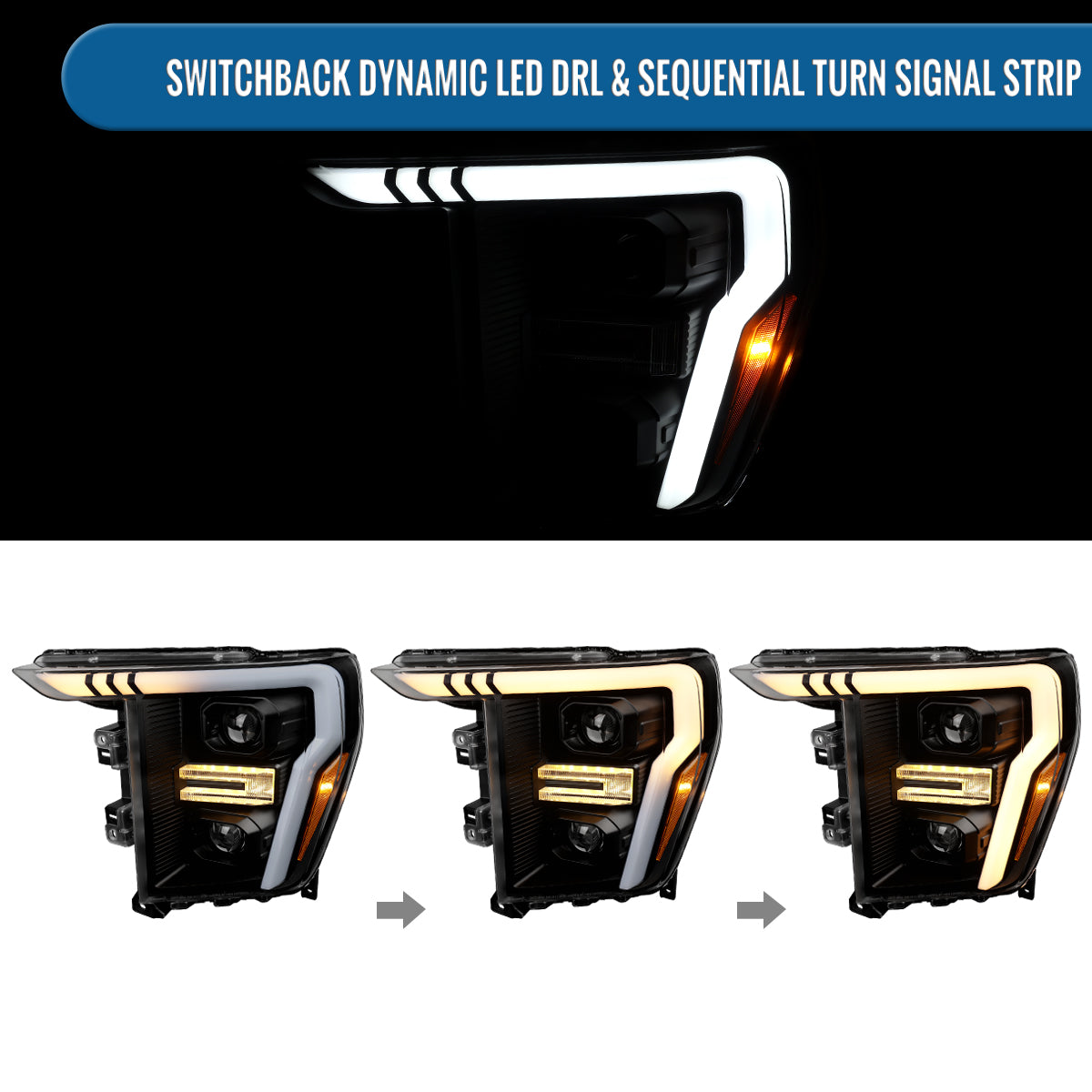 Ronnin - Fits 2021-2023 Ford F150 LED DRL Halogen Projector Headlights Switchback LED Sequential Signal + Animated Startup Effect Pair | Black
