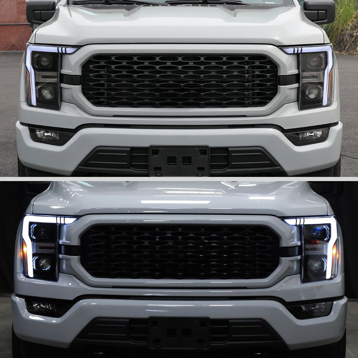 Ronnin - Fits 2021-2023 Ford F150 LED DRL Halogen Projector Headlights Switchback LED Sequential Signal + Animated Startup Effect Pair | Black