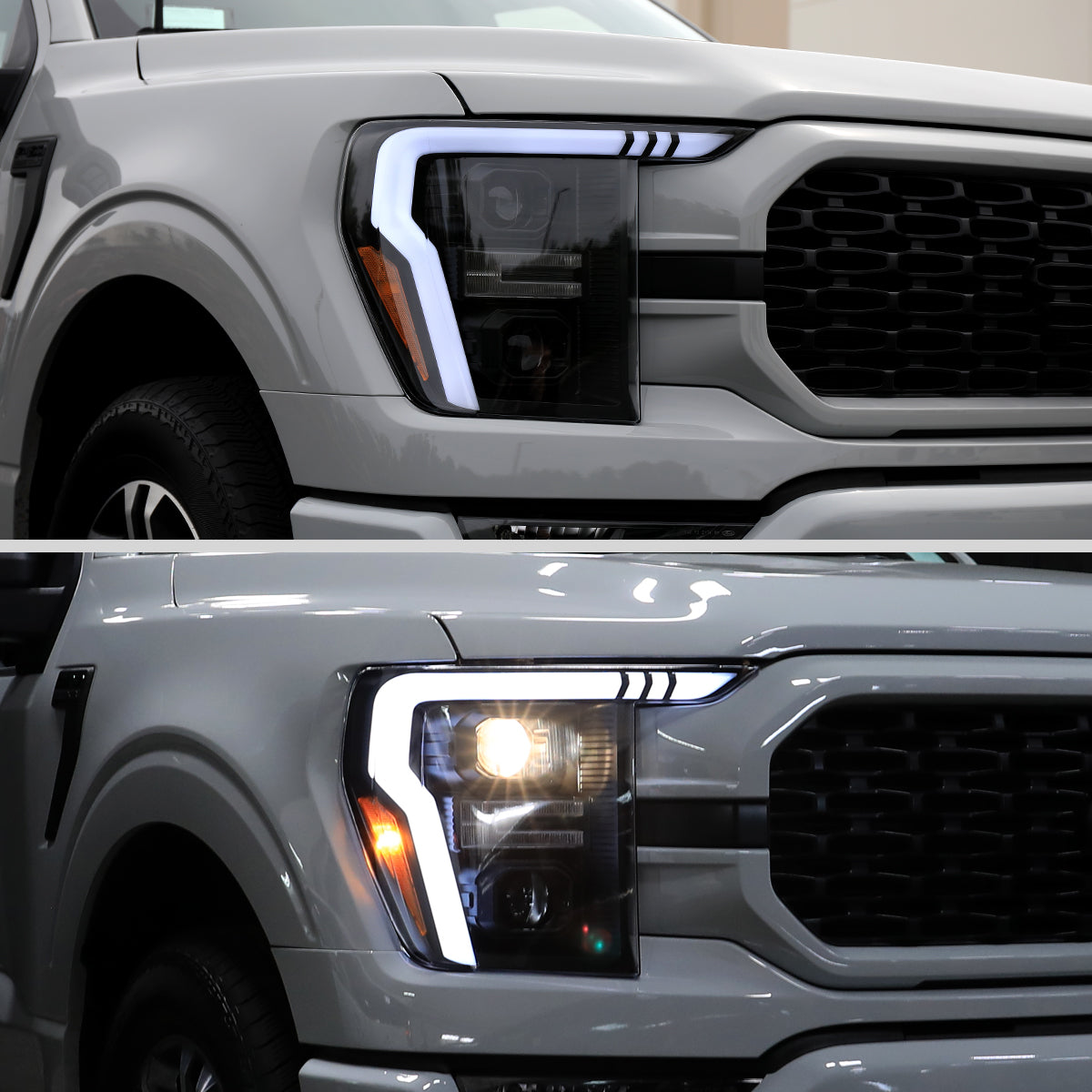 Ronnin - Fits 2021-2023 Ford F150 LED DRL Halogen Projector Headlights Switchback LED Sequential Signal + Animated Startup Effect Pair | Black